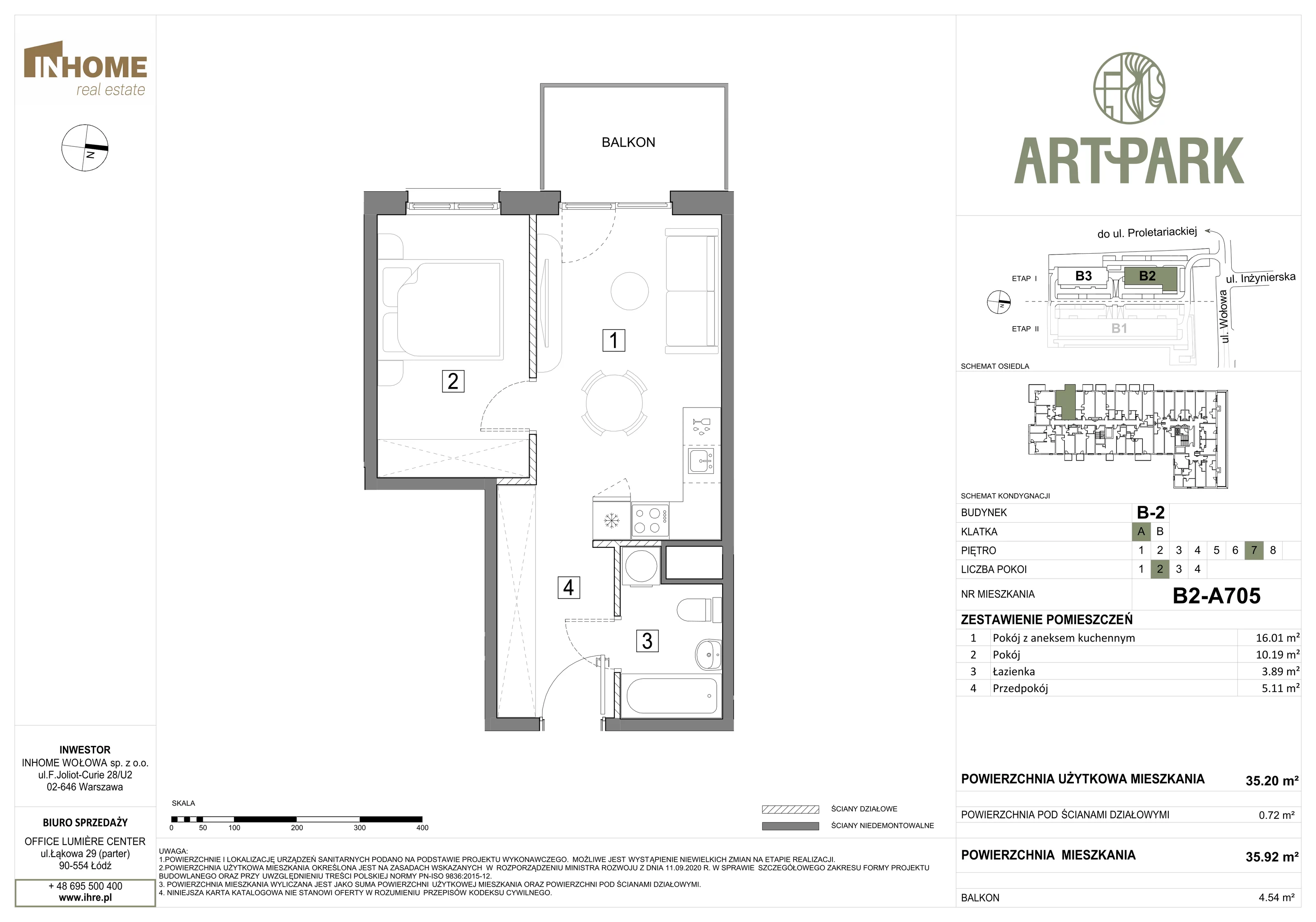 2 pokoje, mieszkanie 35,93 m², piętro 7, oferta nr B2/A705, ArtPark, Łódź, Polesie, ul. Wołowa