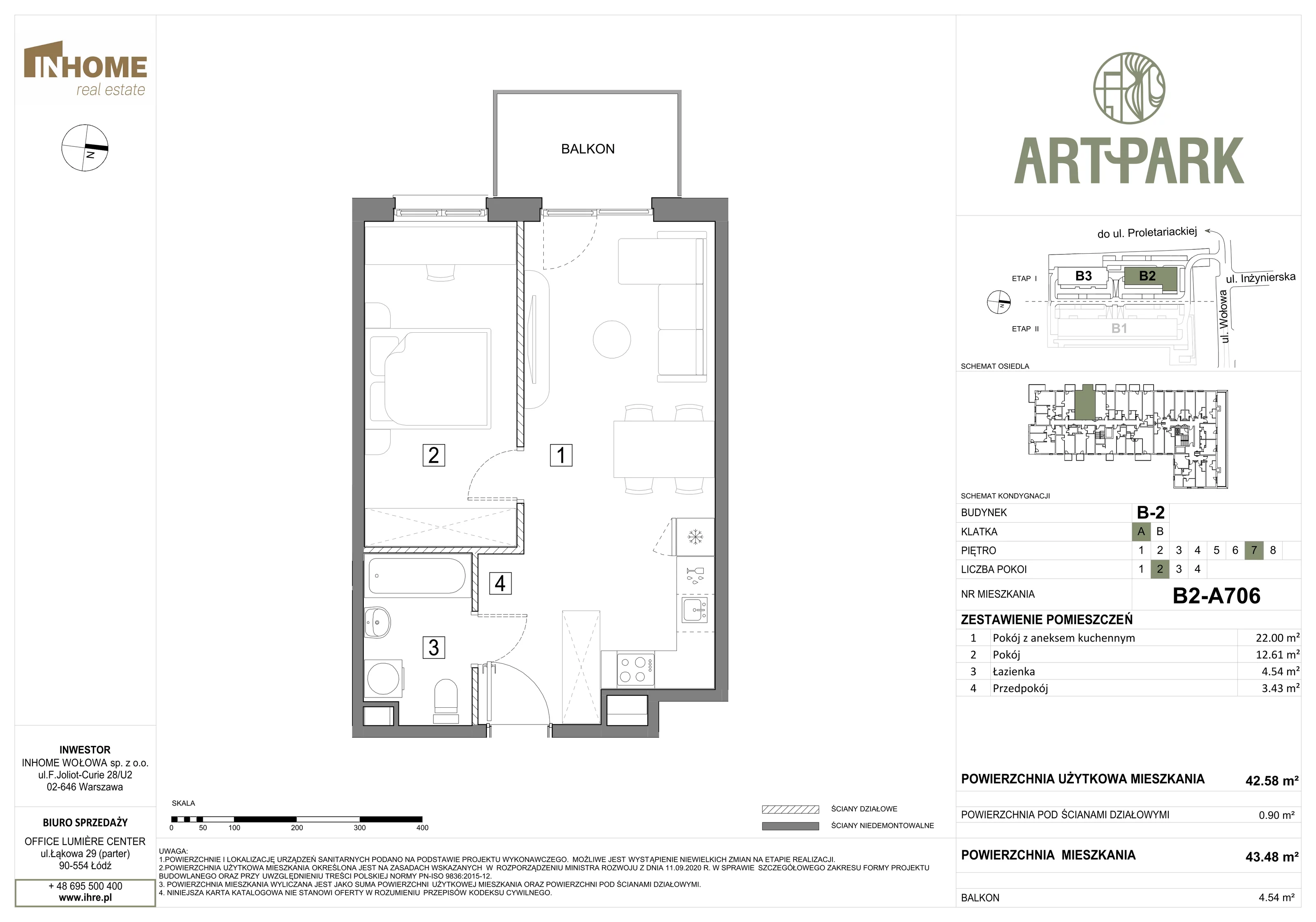 2 pokoje, mieszkanie 43,48 m², piętro 7, oferta nr B2/A706, ArtPark, Łódź, Polesie, ul. Wołowa
