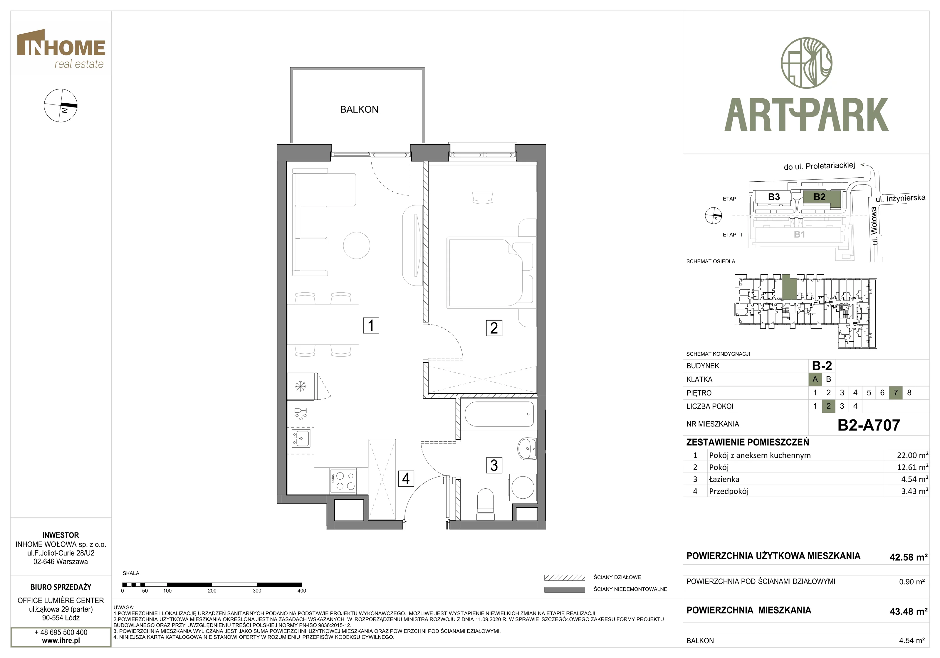 2 pokoje, mieszkanie 43,48 m², piętro 7, oferta nr B2/A707, ArtPark, Łódź, Polesie, ul. Wołowa