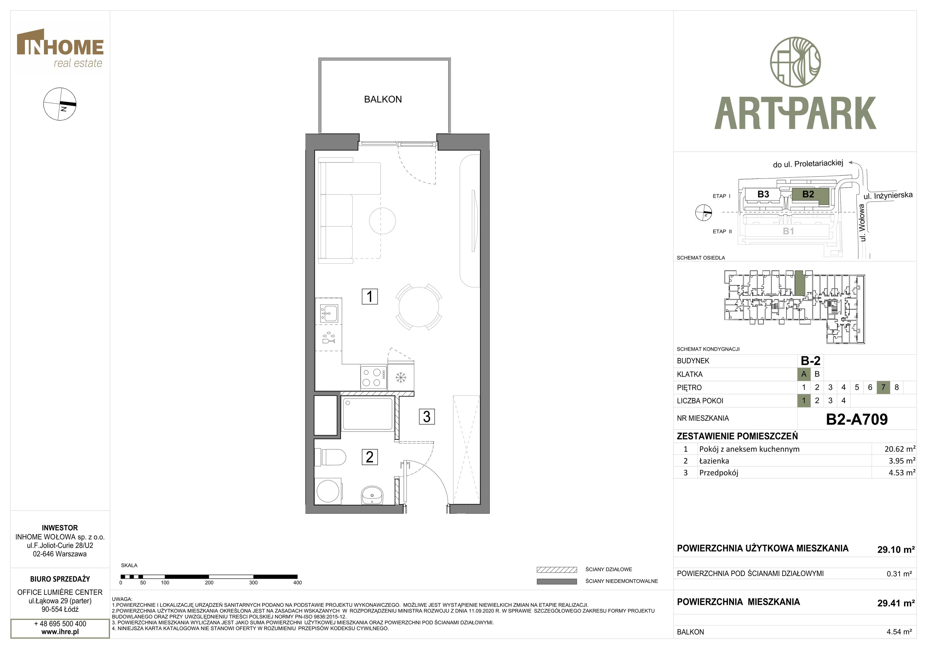 1 pokój, mieszkanie 29,41 m², piętro 7, oferta nr B2/A709, ArtPark, Łódź, Polesie, ul. Wołowa