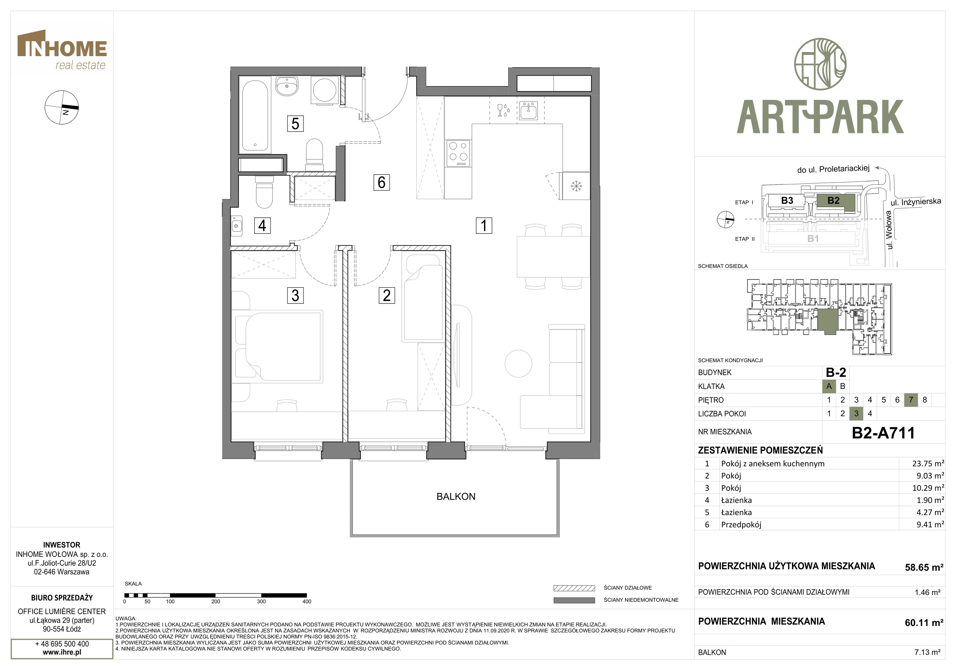 3 pokoje, mieszkanie 60,34 m², piętro 7, oferta nr B2/A711, ArtPark, Łódź, Polesie, ul. Wołowa