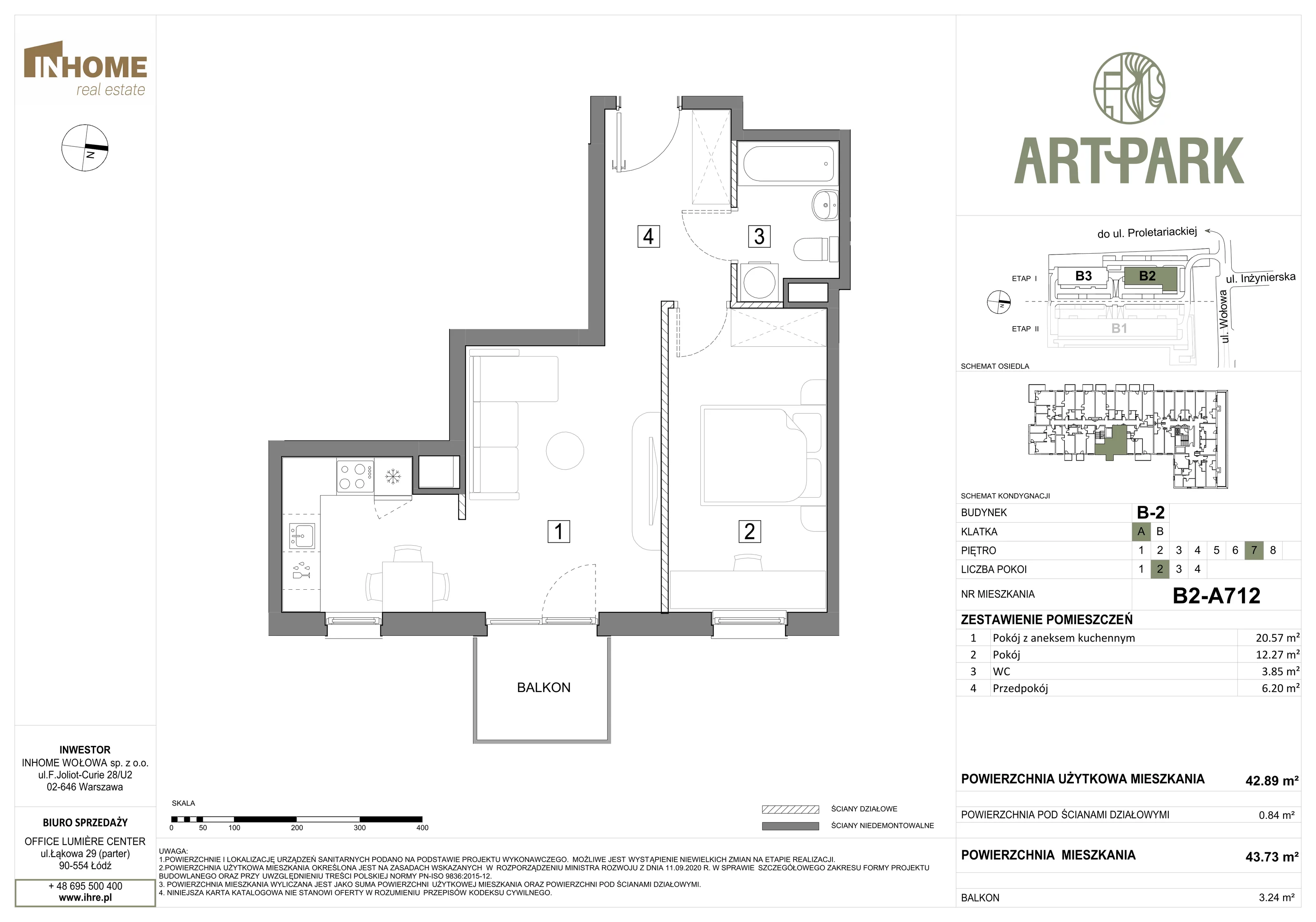2 pokoje, mieszkanie 43,73 m², piętro 7, oferta nr B2/A712, ArtPark, Łódź, Polesie, ul. Wołowa