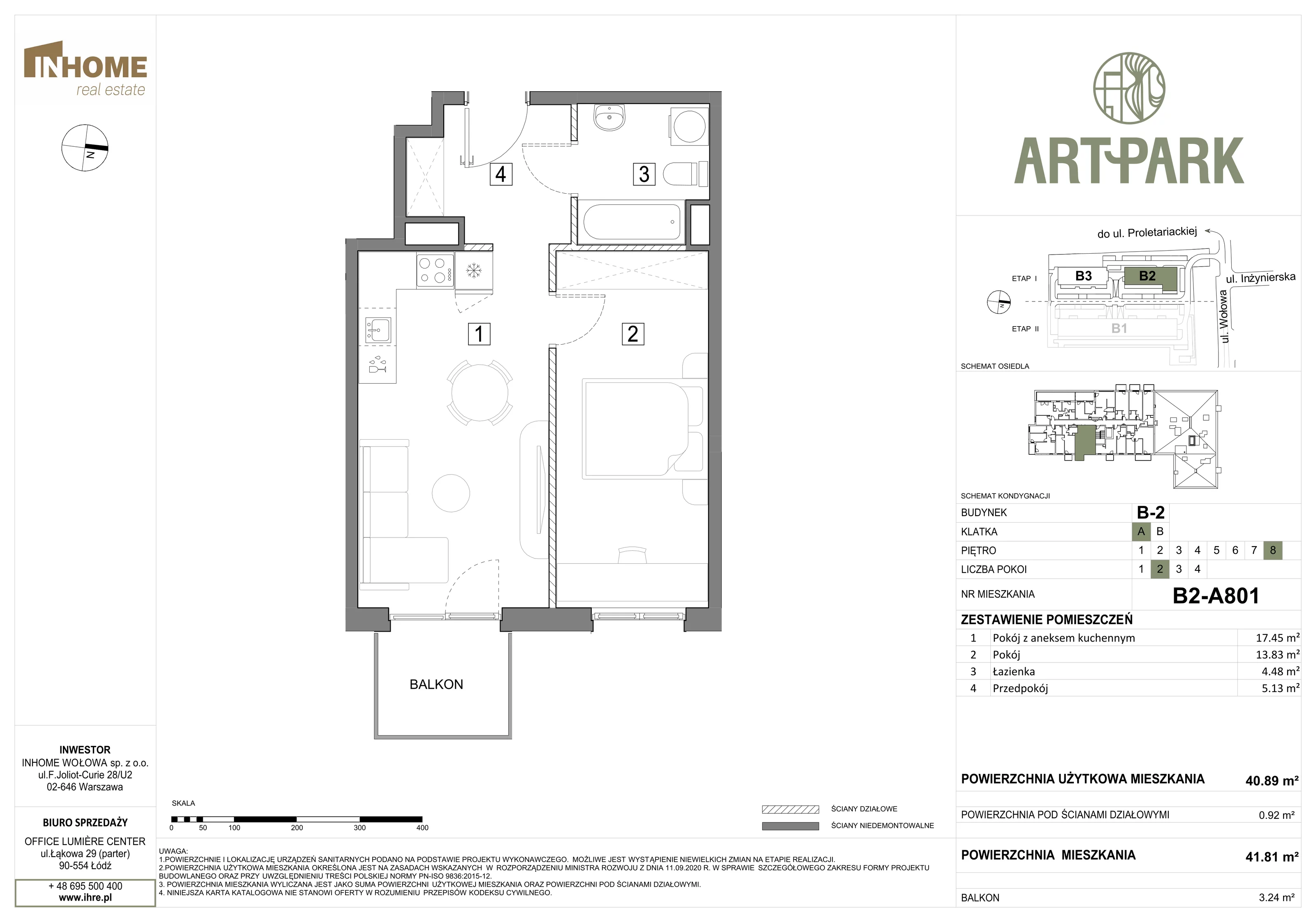 2 pokoje, mieszkanie 41,79 m², piętro 8, oferta nr B2/A801, ArtPark, Łódź, Polesie, ul. Wołowa