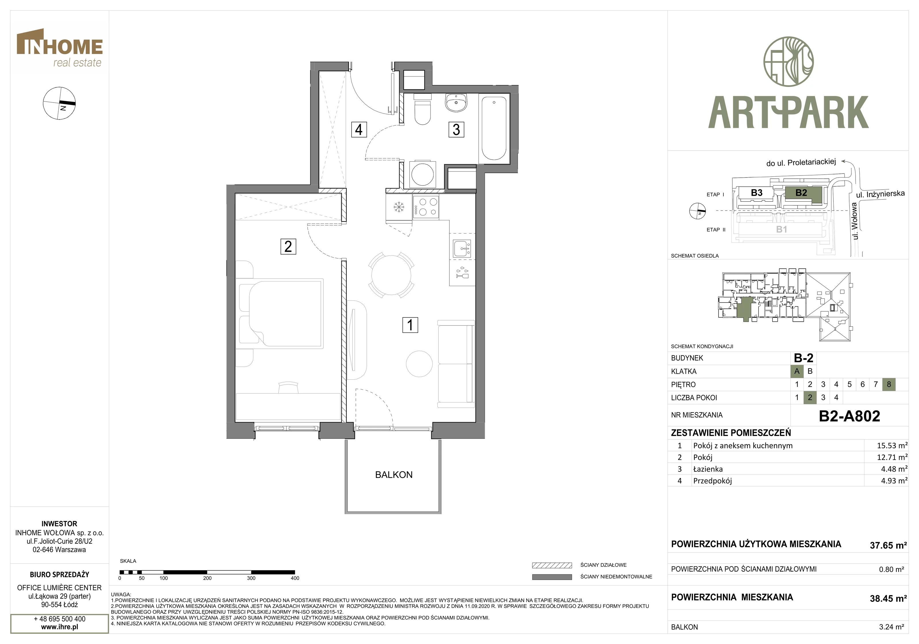 2 pokoje, mieszkanie 38,45 m², piętro 8, oferta nr B2/A802, ArtPark, Łódź, Polesie, ul. Wołowa