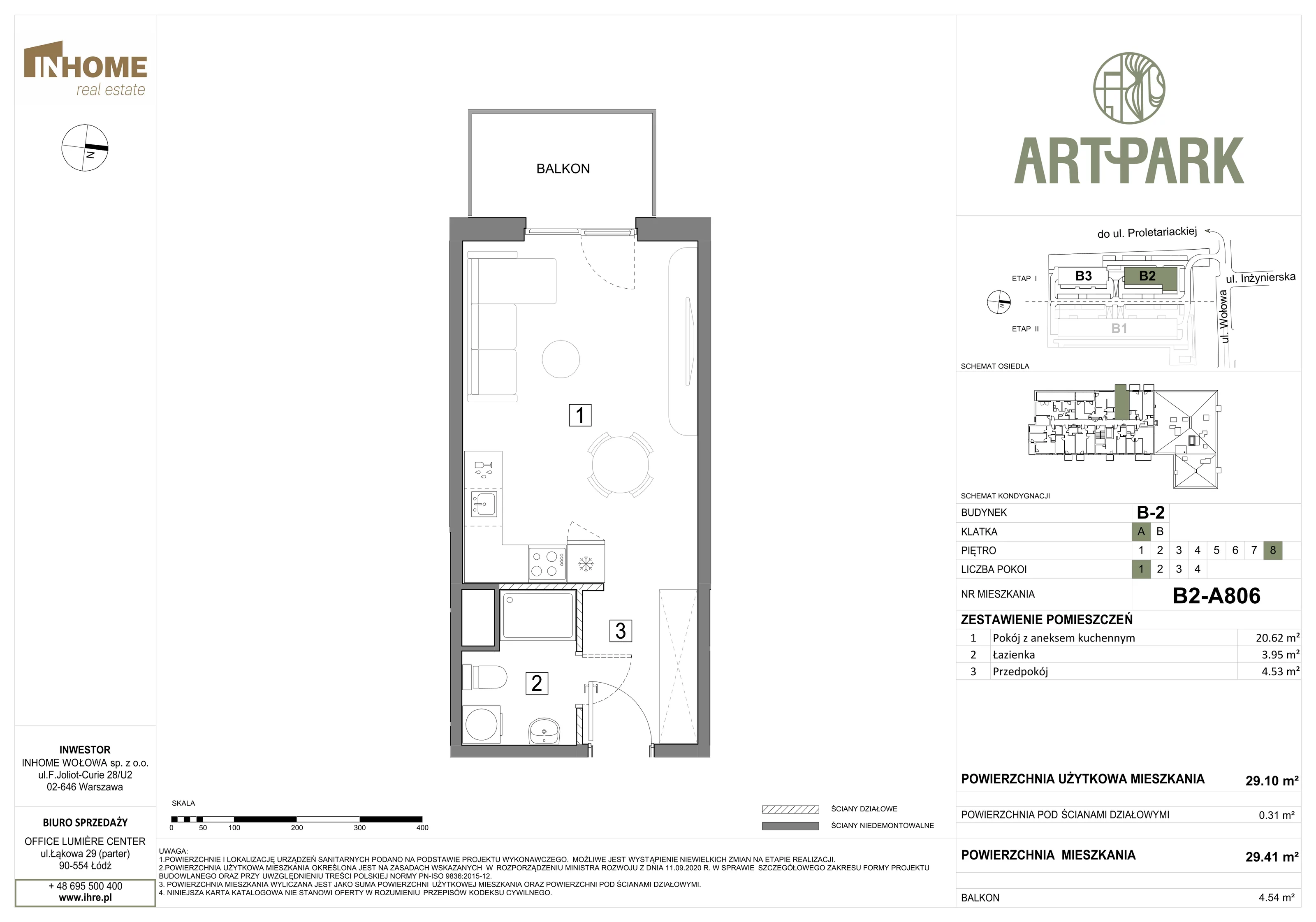 1 pokój, mieszkanie 29,41 m², piętro 8, oferta nr B2/A806, ArtPark, Łódź, Polesie, ul. Wołowa