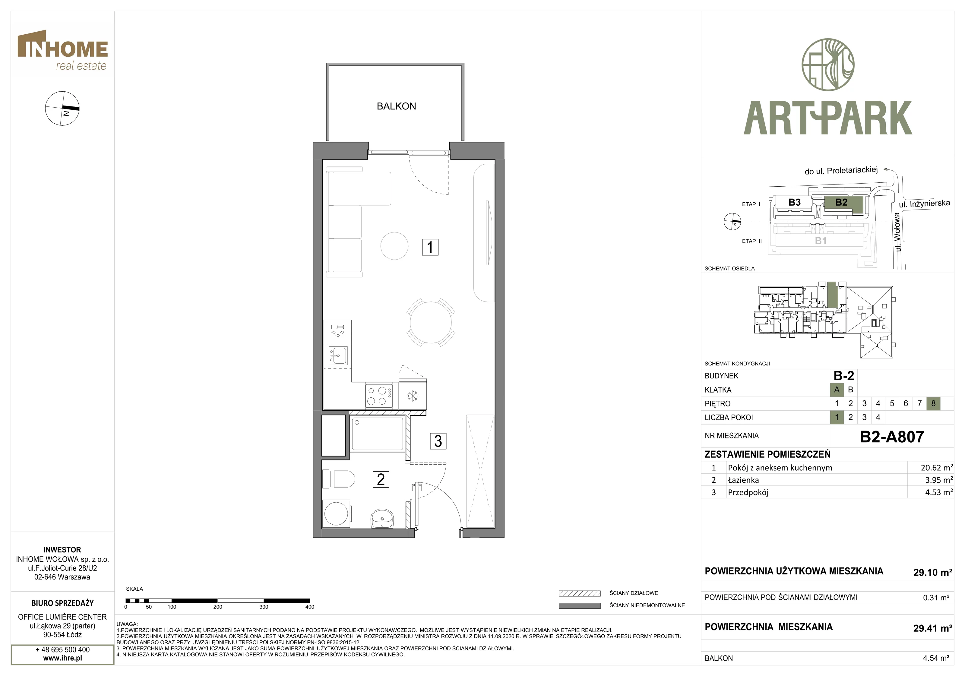 1 pokój, mieszkanie 29,41 m², piętro 8, oferta nr B2/A807, ArtPark, Łódź, Polesie, ul. Wołowa