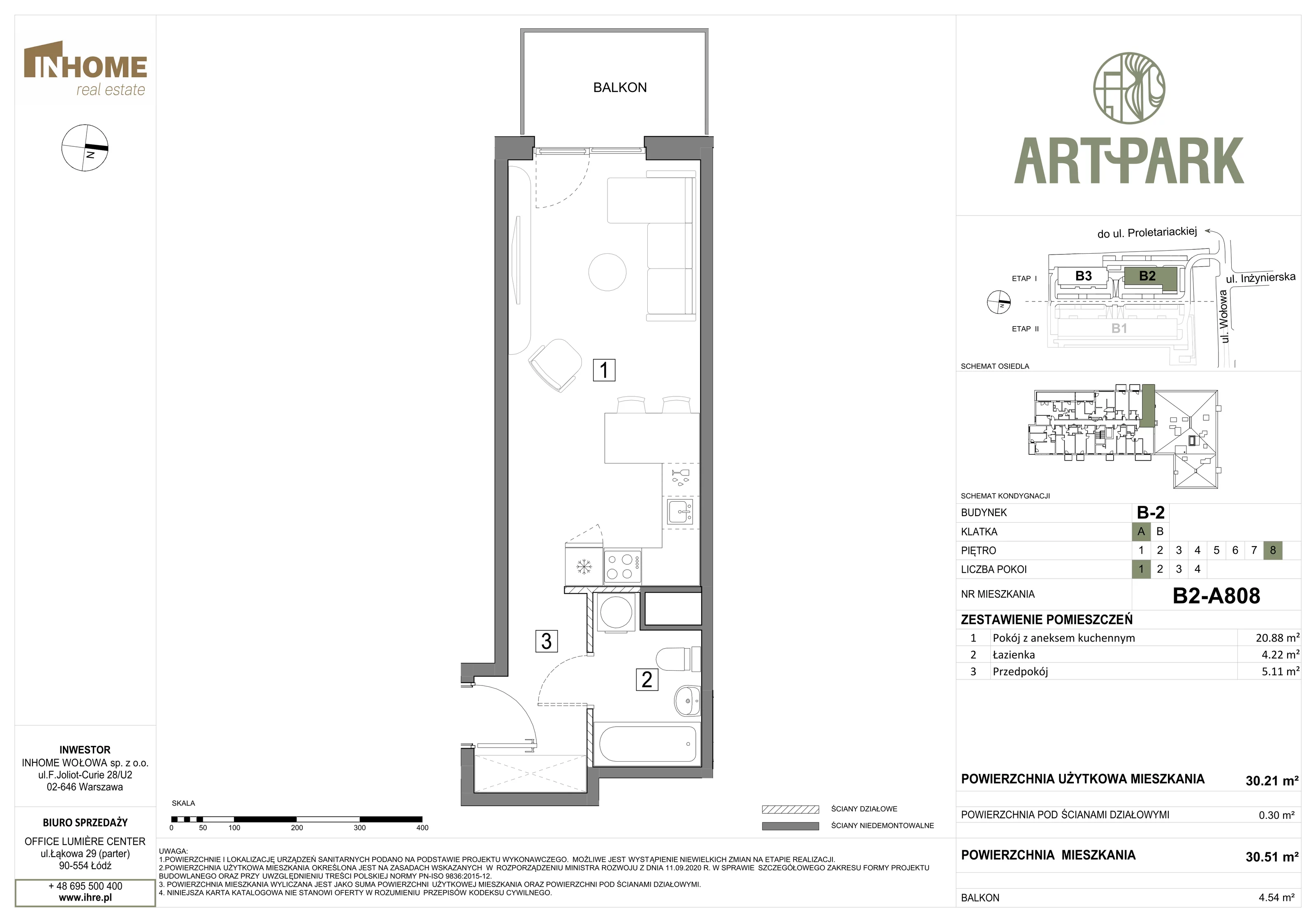 1 pokój, mieszkanie 30,50 m², piętro 8, oferta nr B2/A808, ArtPark, Łódź, Polesie, ul. Wołowa