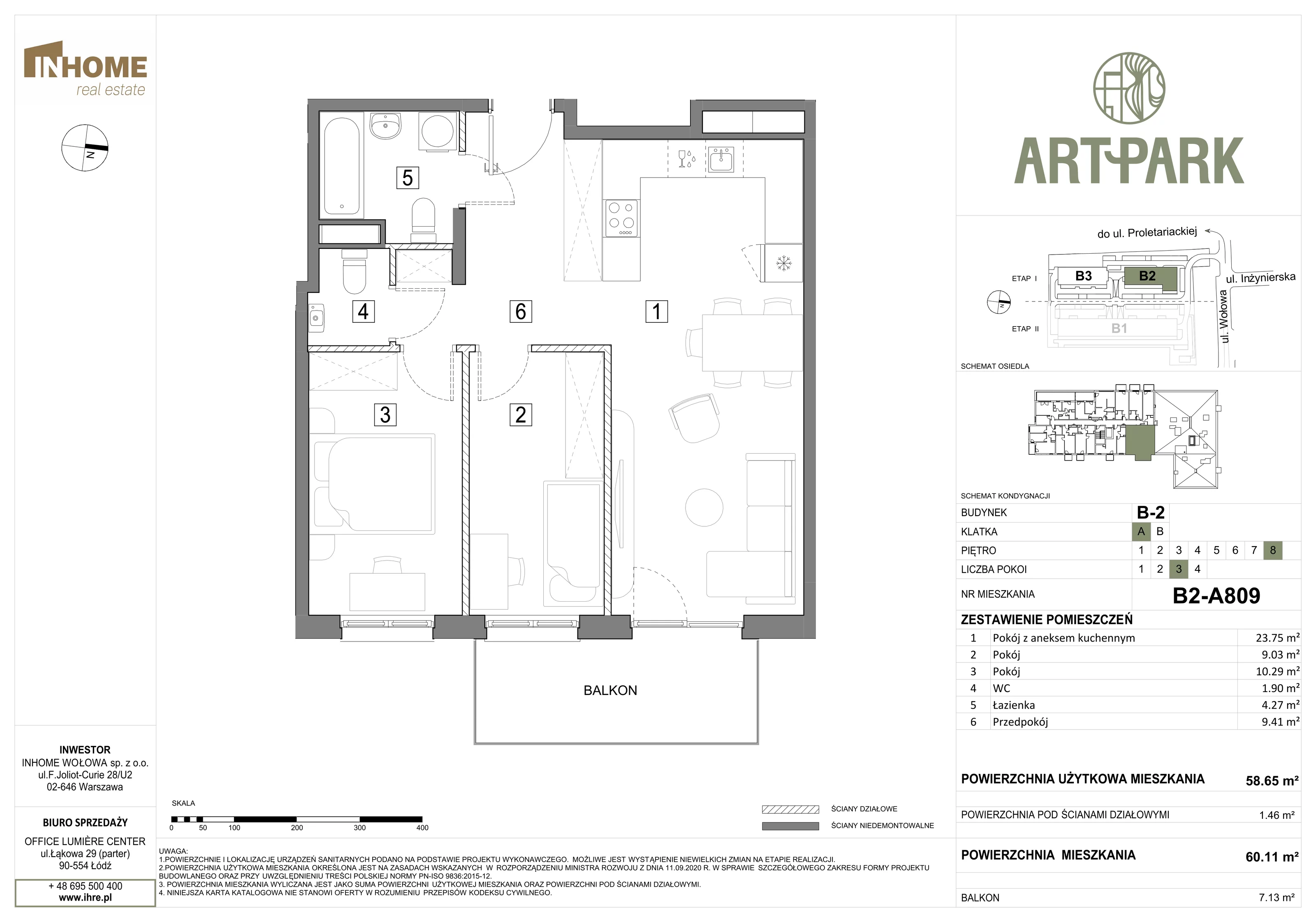 3 pokoje, mieszkanie 60,34 m², piętro 8, oferta nr B2/A809, ArtPark, Łódź, Polesie, ul. Wołowa