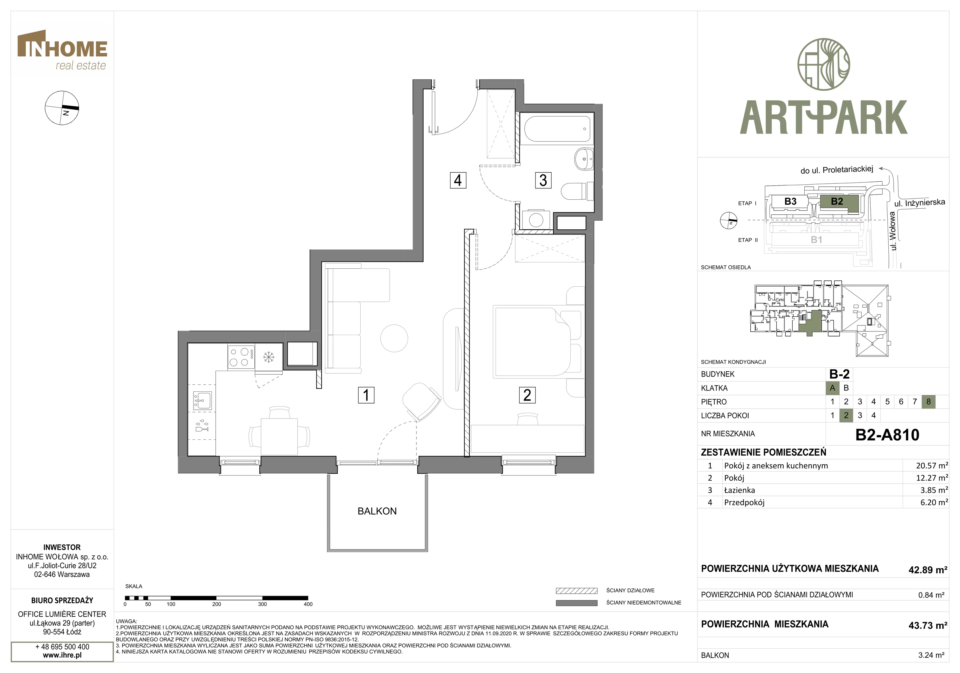 2 pokoje, mieszkanie 43,72 m², piętro 8, oferta nr B2/A810, ArtPark, Łódź, Polesie, ul. Wołowa