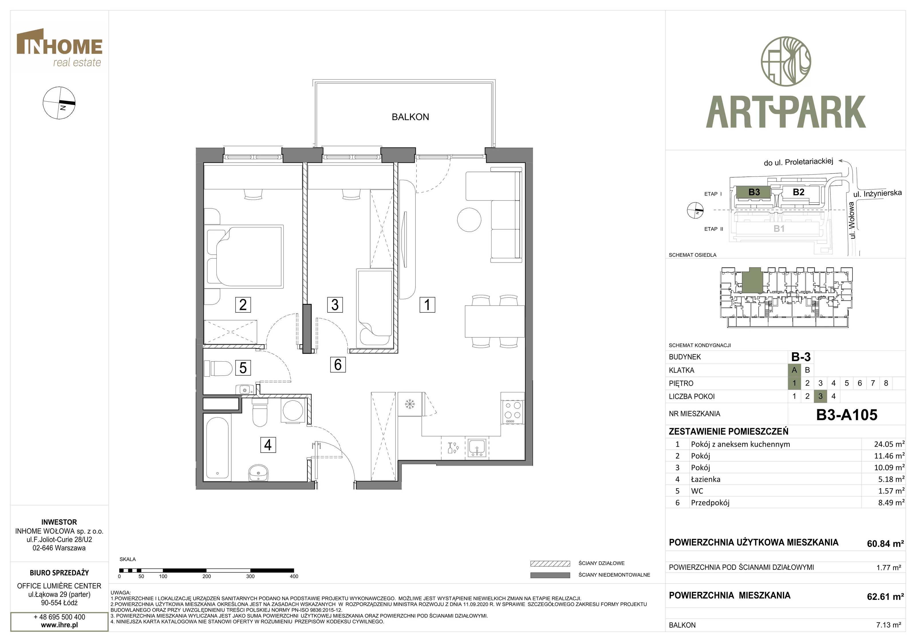 3 pokoje, mieszkanie 62,67 m², piętro 1, oferta nr B3/A105, ArtPark, Łódź, Polesie, ul. Wołowa