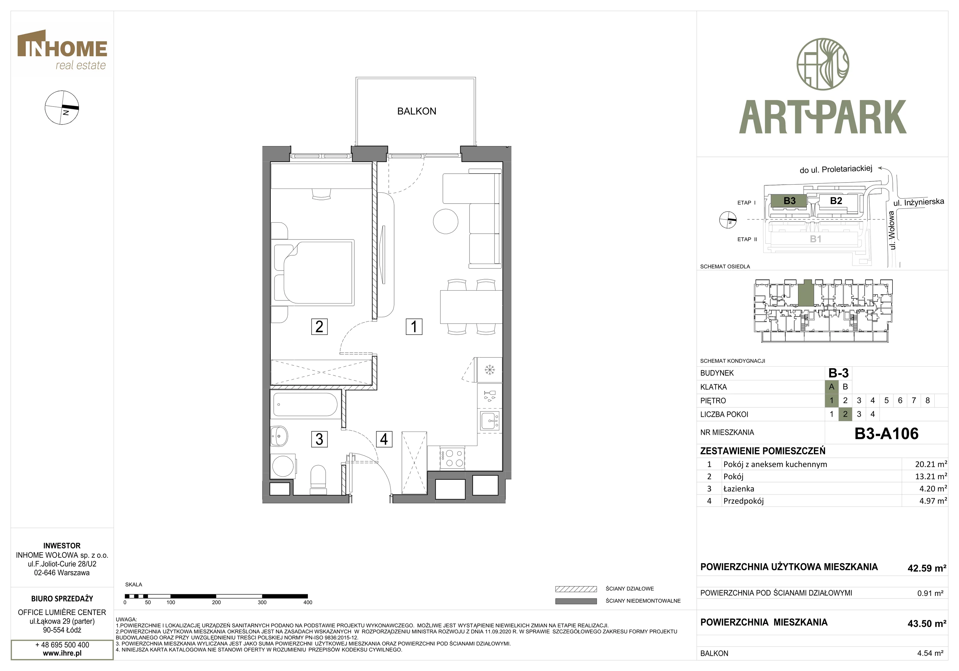 2 pokoje, mieszkanie 43,52 m², piętro 1, oferta nr B3/A106, ArtPark, Łódź, Polesie, ul. Wołowa