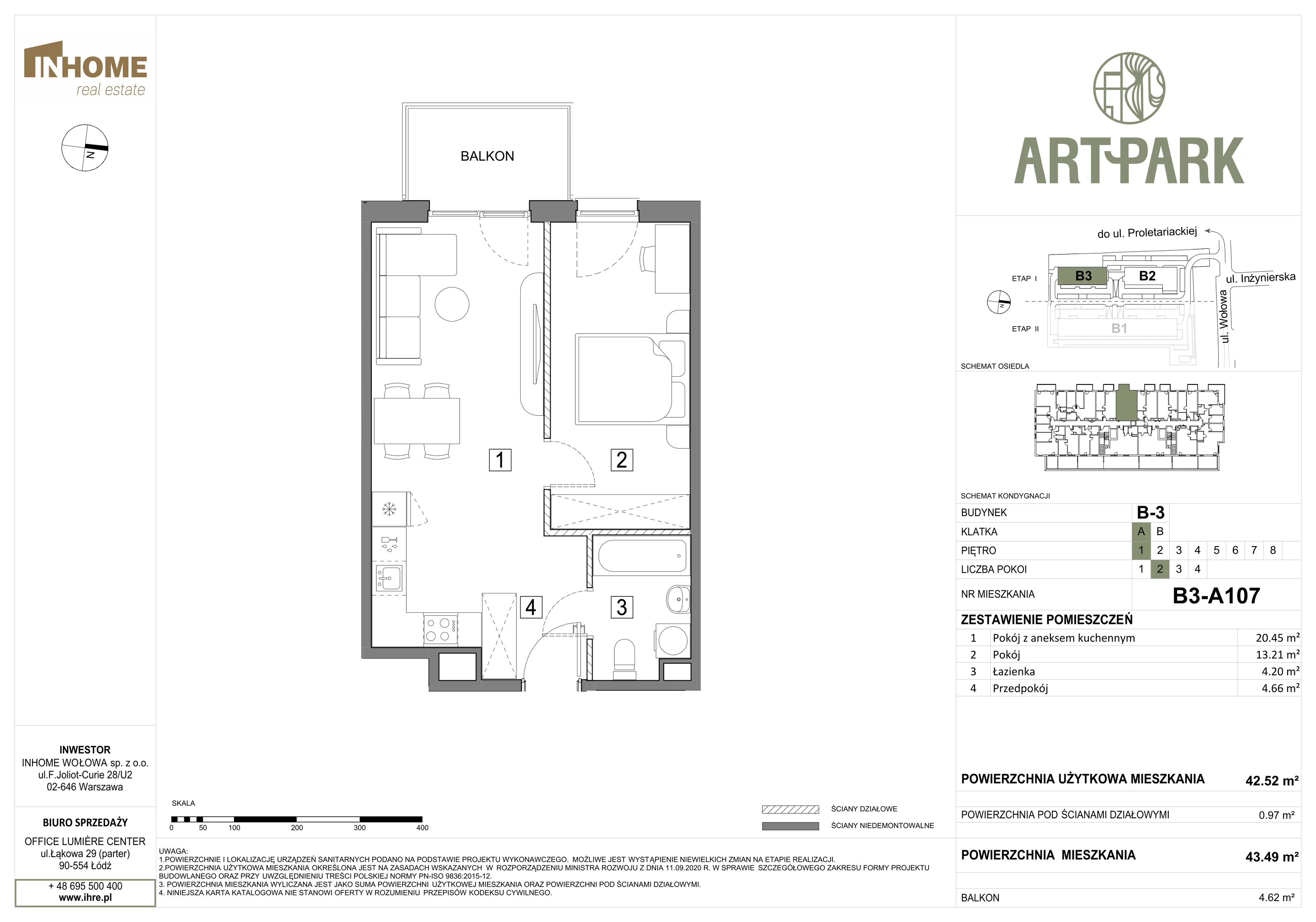 2 pokoje, mieszkanie 43,46 m², piętro 1, oferta nr B3/A107, ArtPark, Łódź, Polesie, ul. Wołowa