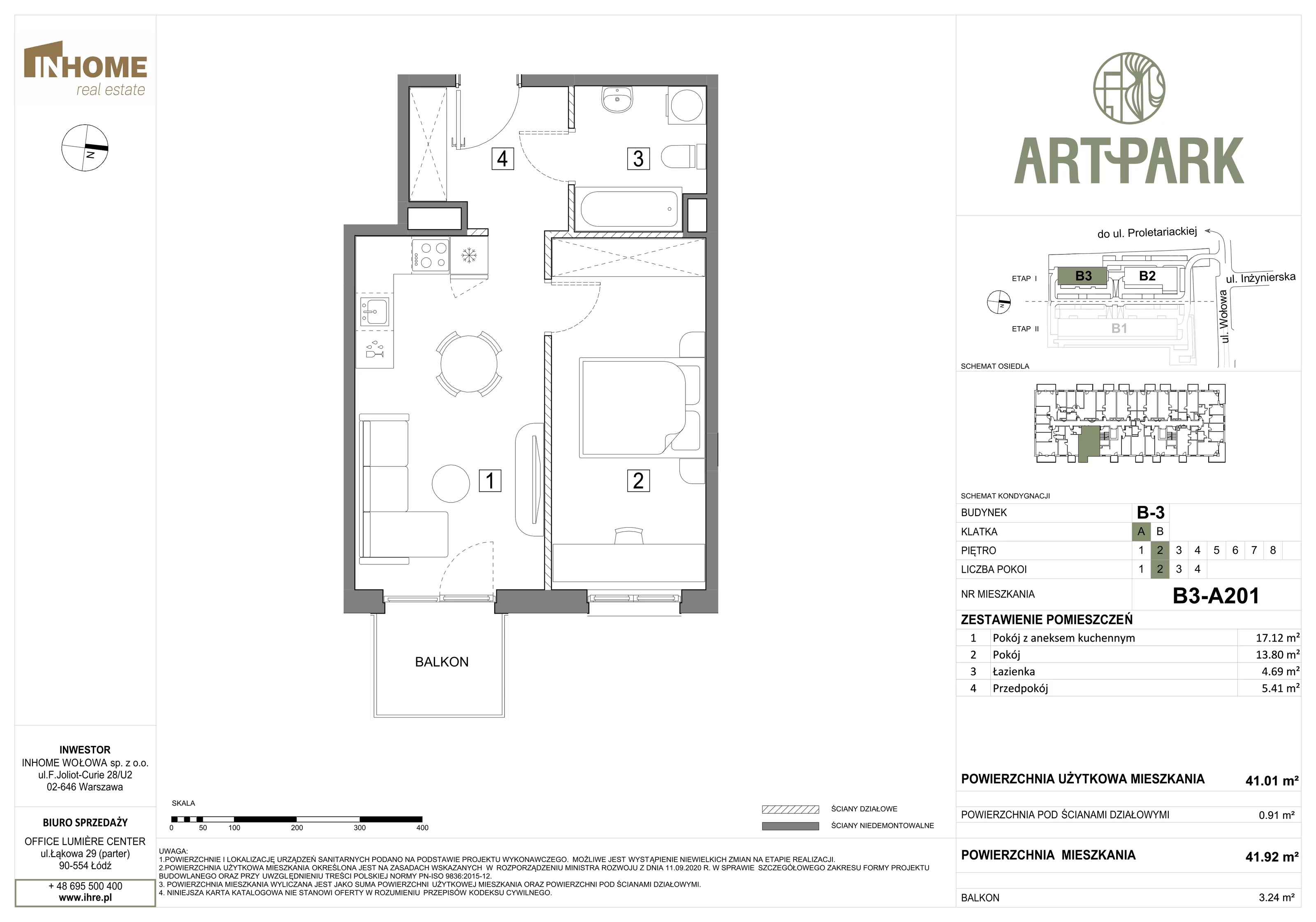 2 pokoje, mieszkanie 41,96 m², piętro 2, oferta nr B3/A201, ArtPark, Łódź, Polesie, ul. Wołowa