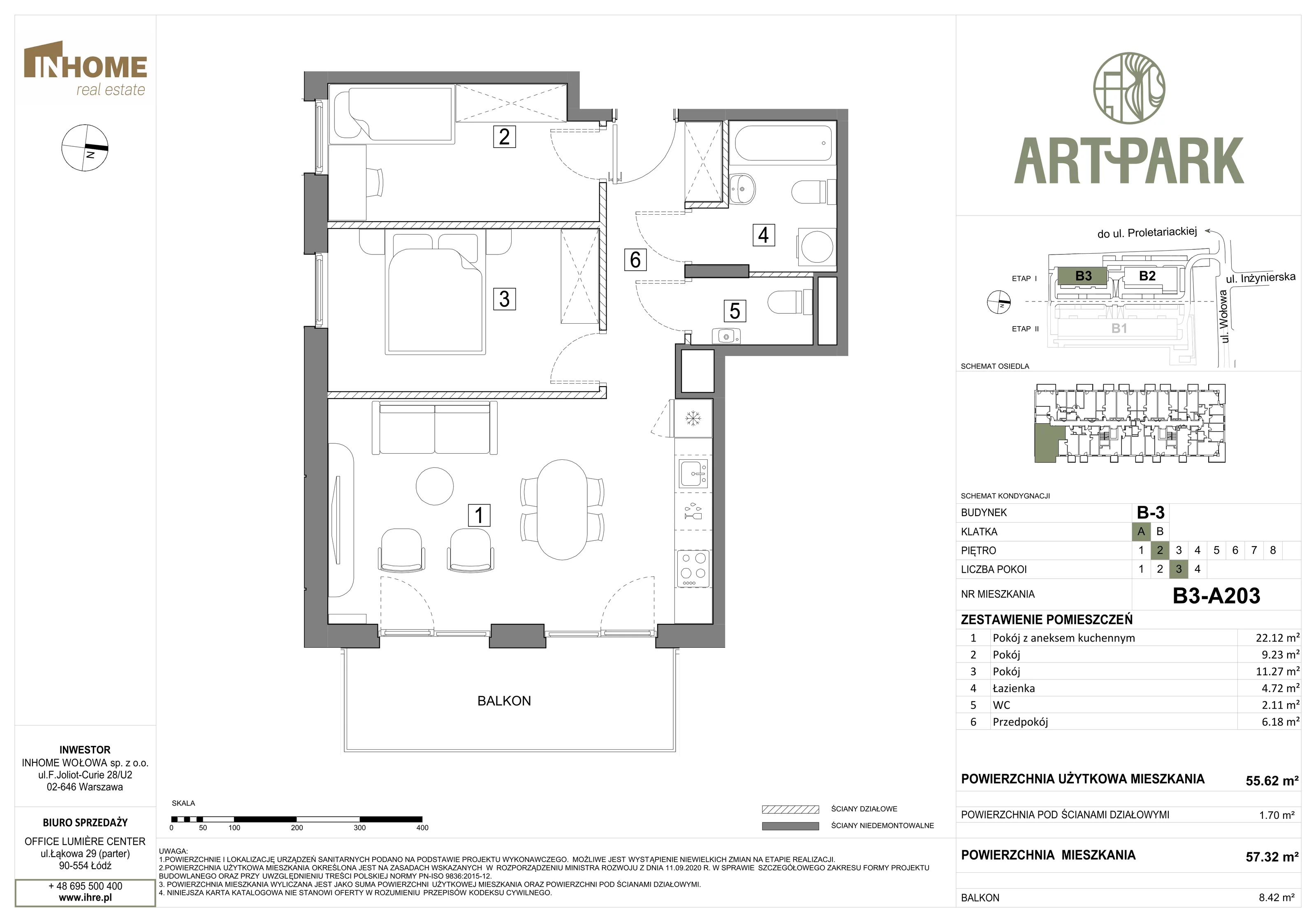 3 pokoje, mieszkanie 57,36 m², piętro 2, oferta nr B3/A203, ArtPark, Łódź, Polesie, ul. Wołowa