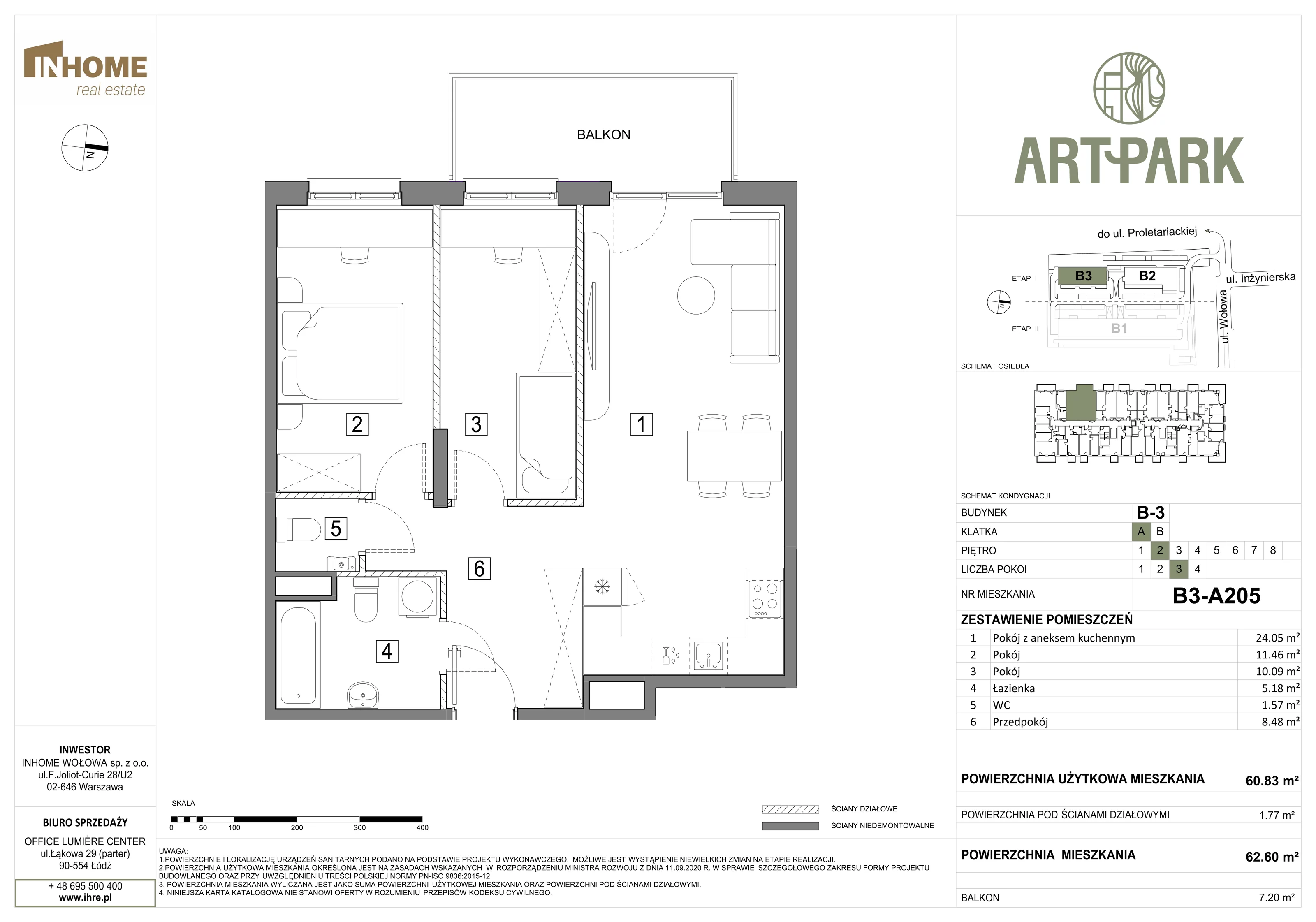 3 pokoje, mieszkanie 62,65 m², piętro 2, oferta nr B3/A205, ArtPark, Łódź, Polesie, ul. Wołowa