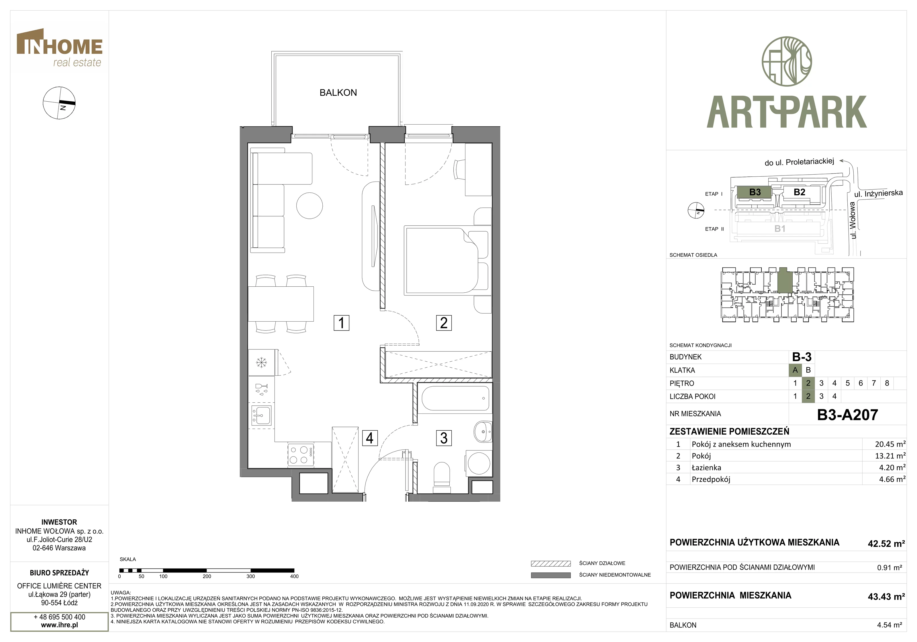 2 pokoje, mieszkanie 43,47 m², piętro 2, oferta nr B3/A207, ArtPark, Łódź, Polesie, ul. Wołowa