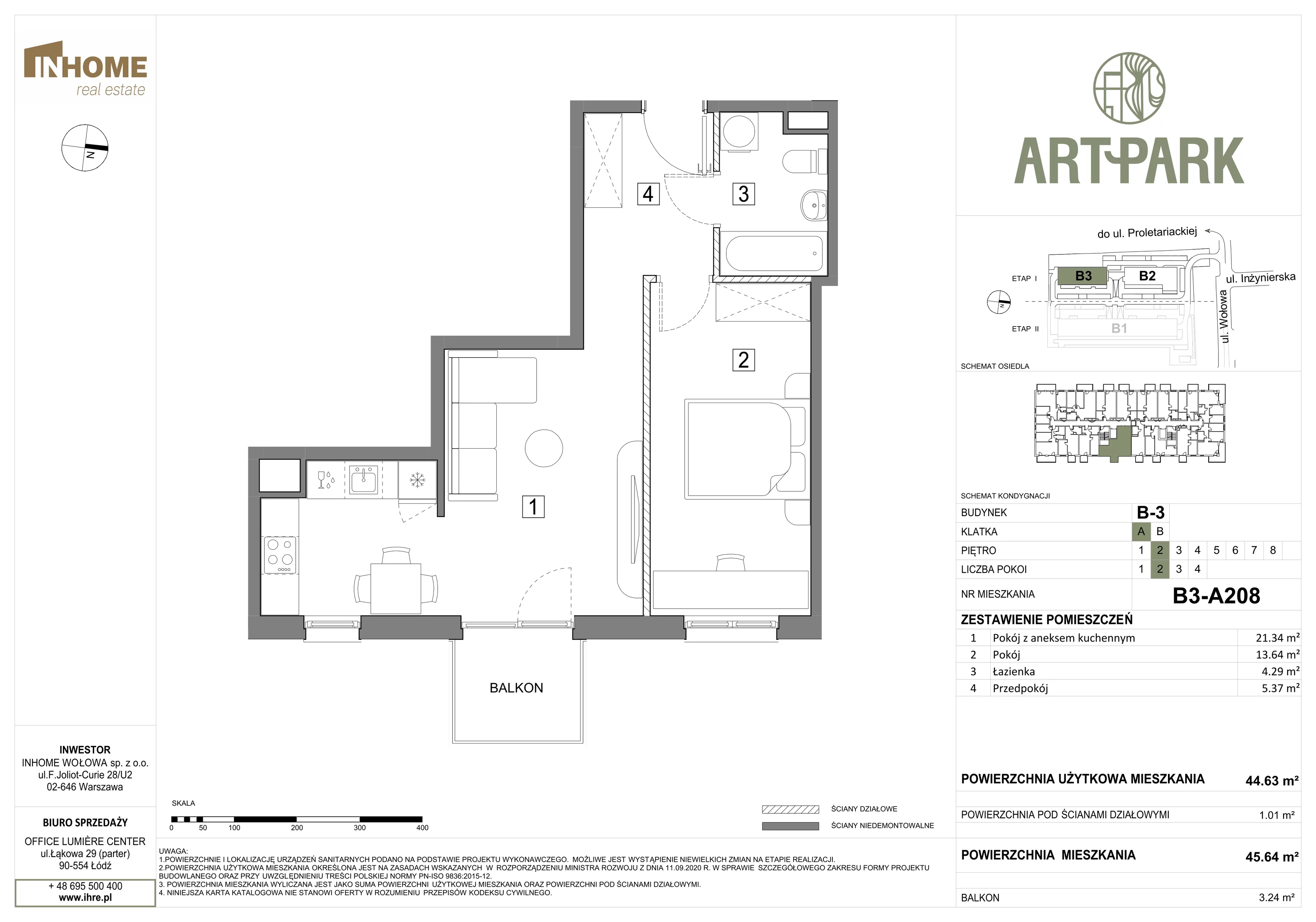 2 pokoje, mieszkanie 45,70 m², piętro 2, oferta nr B3/A208, ArtPark, Łódź, Polesie, ul. Wołowa