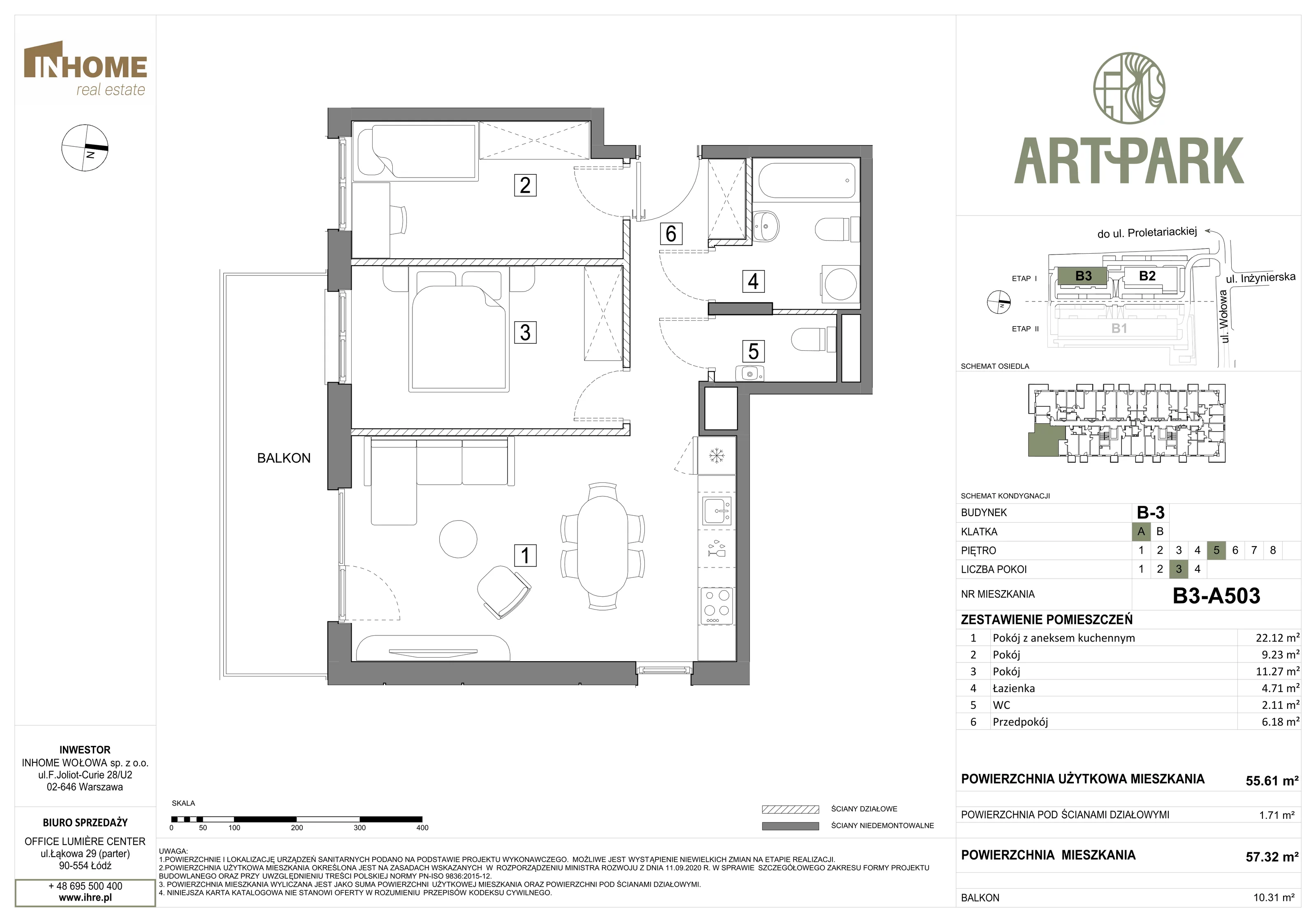 3 pokoje, mieszkanie 57,36 m², piętro 5, oferta nr B3/A503, ArtPark, Łódź, Polesie, ul. Wołowa