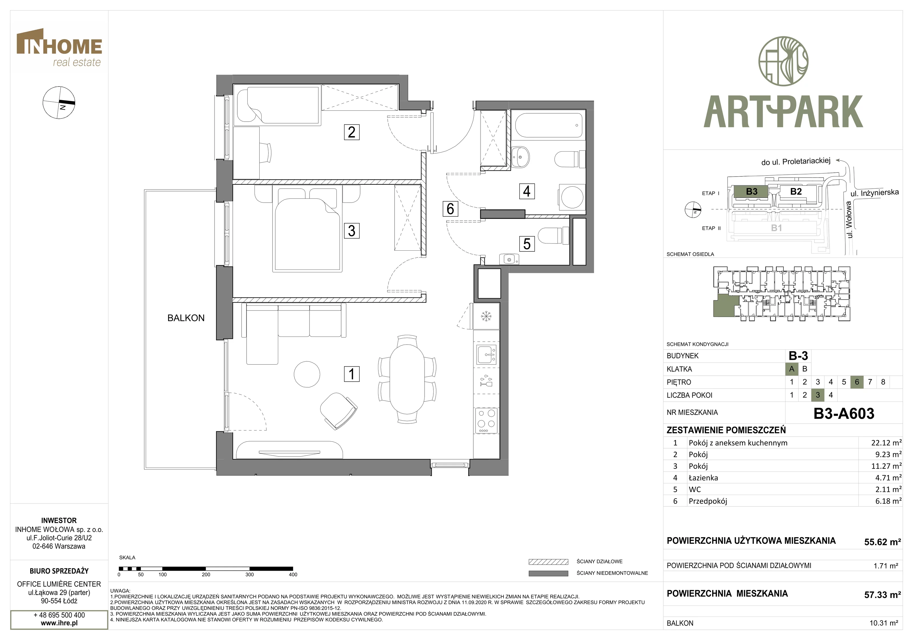 3 pokoje, mieszkanie 57,27 m², piętro 6, oferta nr B3/A603, ArtPark, Łódź, Polesie, ul. Wołowa
