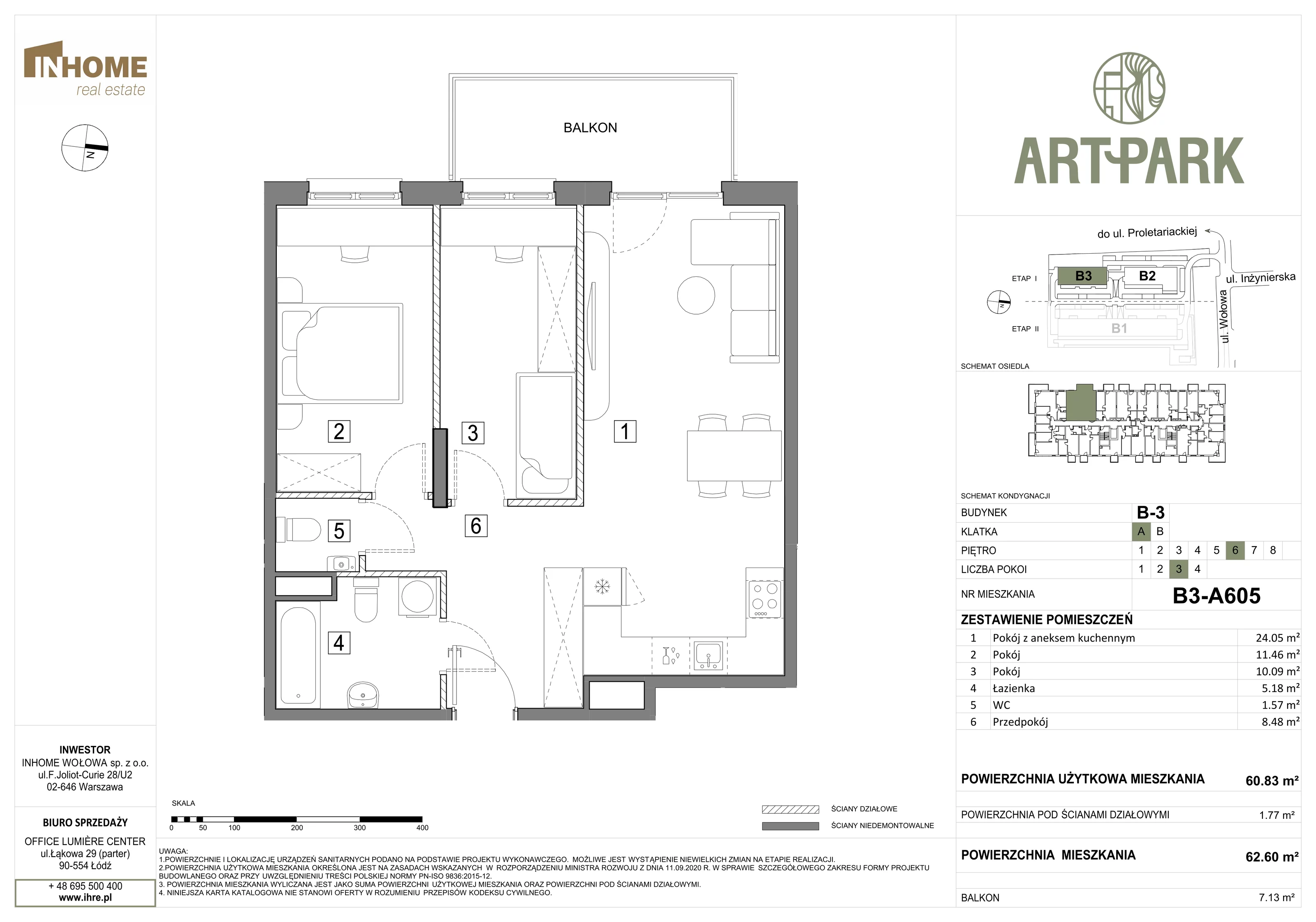 3 pokoje, mieszkanie 62,55 m², piętro 6, oferta nr B3/A605, ArtPark, Łódź, Polesie, ul. Wołowa