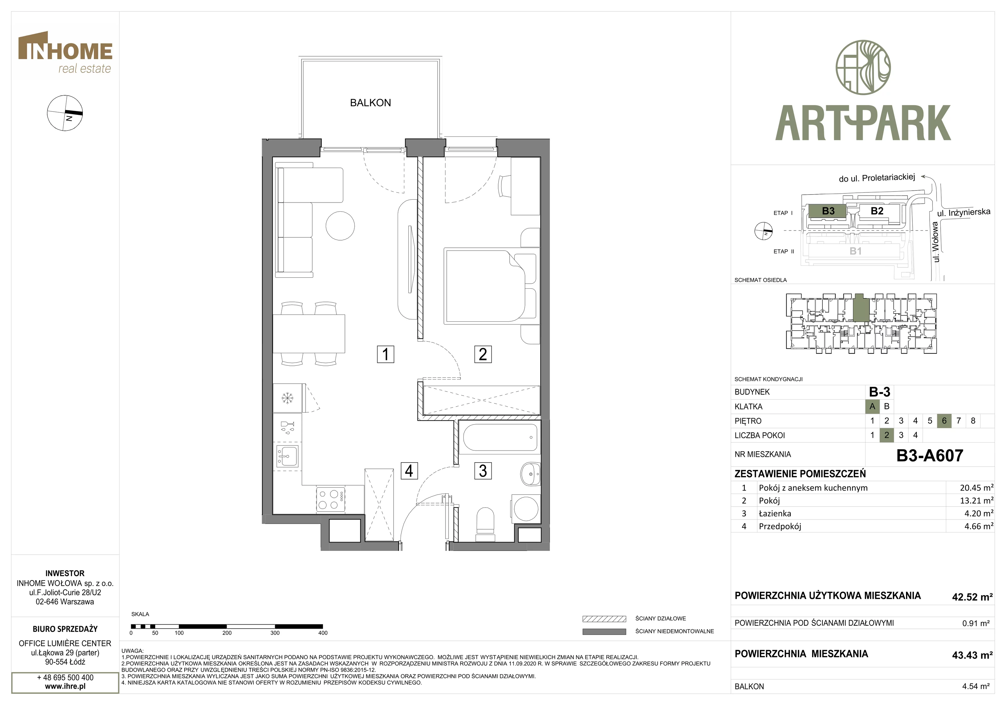 2 pokoje, mieszkanie 43,41 m², piętro 6, oferta nr B3/A607, ArtPark, Łódź, Polesie, ul. Wołowa