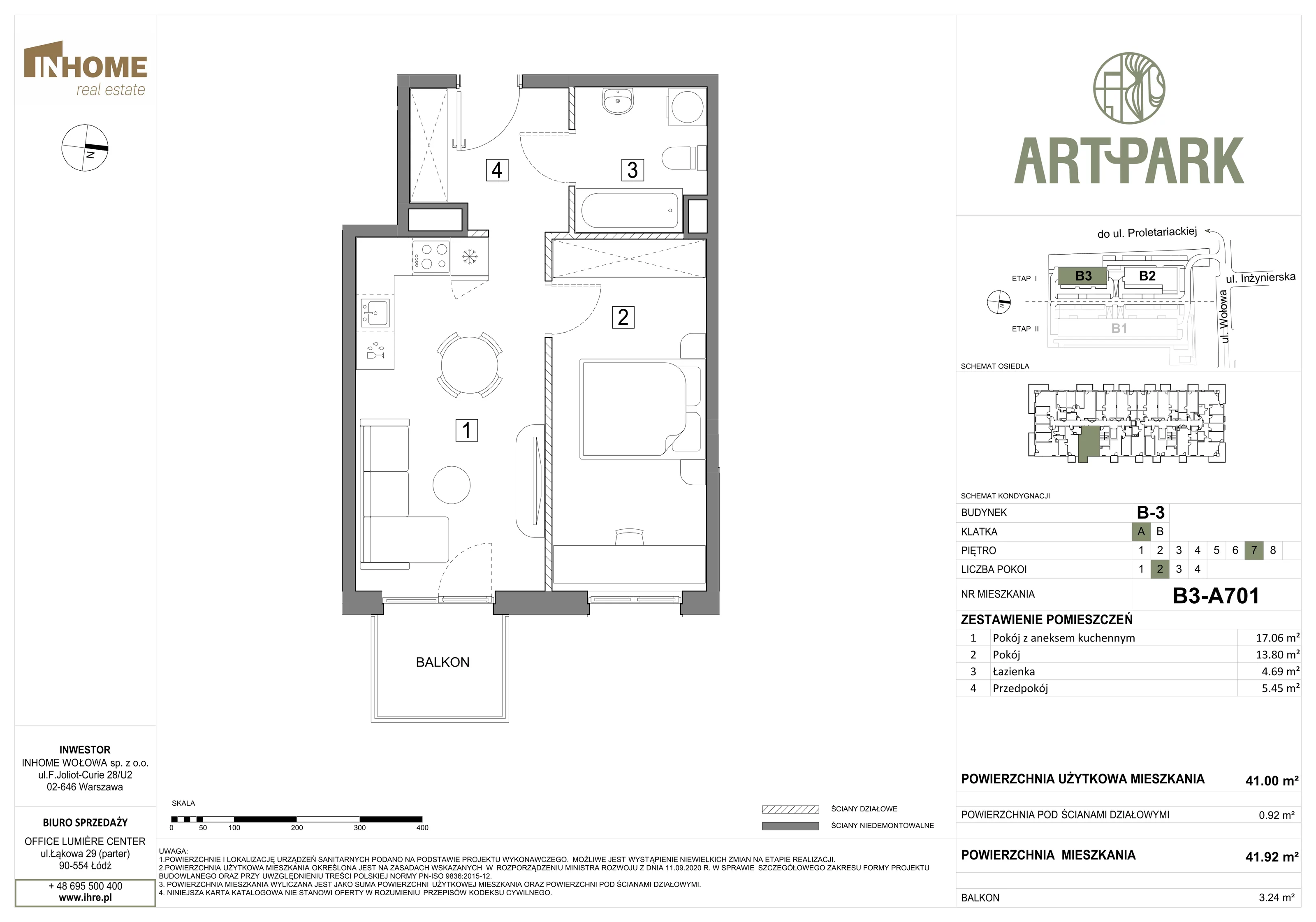 2 pokoje, mieszkanie 41,94 m², piętro 7, oferta nr B3/A701, ArtPark, Łódź, Polesie, ul. Wołowa