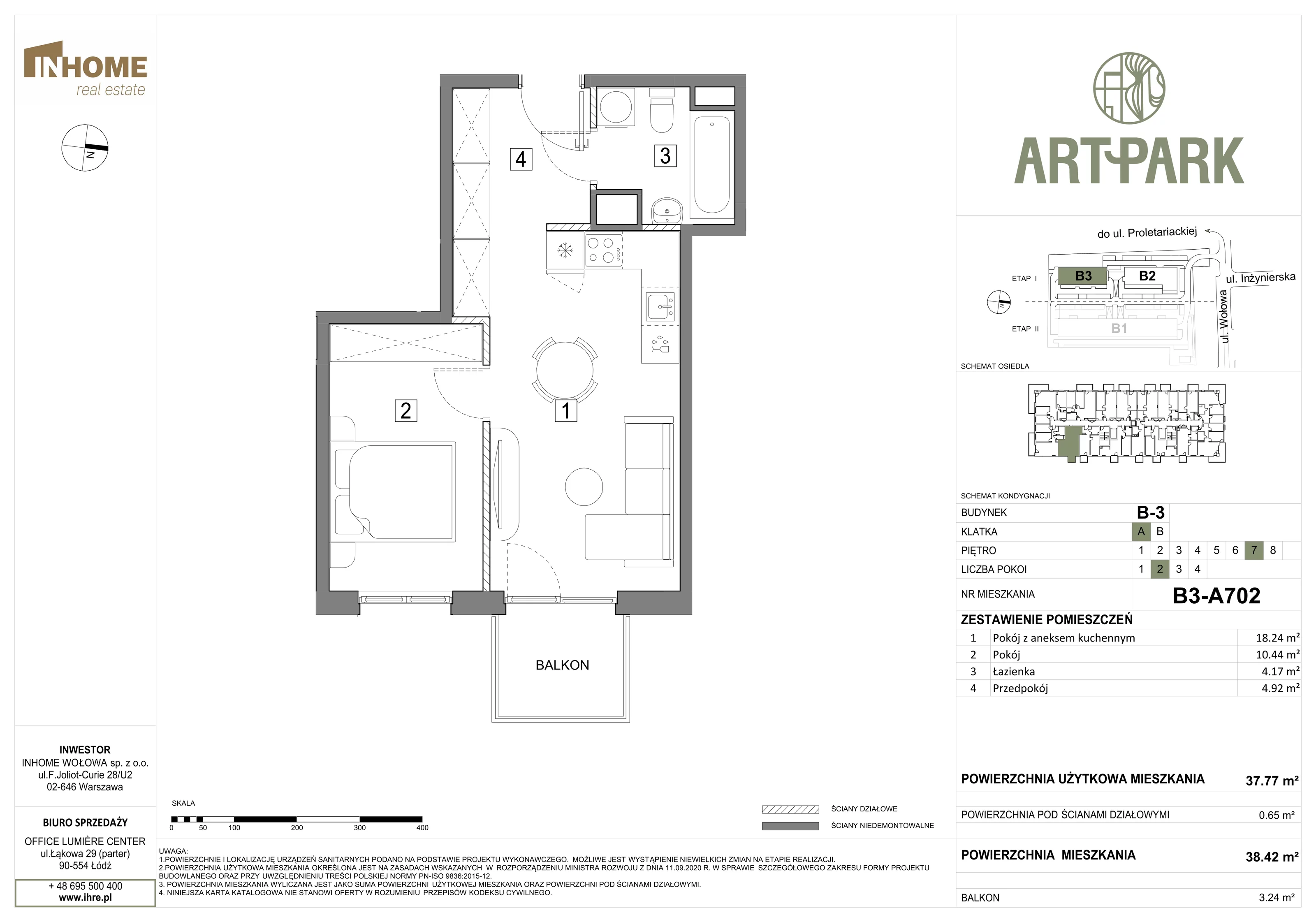 2 pokoje, mieszkanie 38,47 m², piętro 7, oferta nr B3/A702, ArtPark, Łódź, Polesie, ul. Wołowa