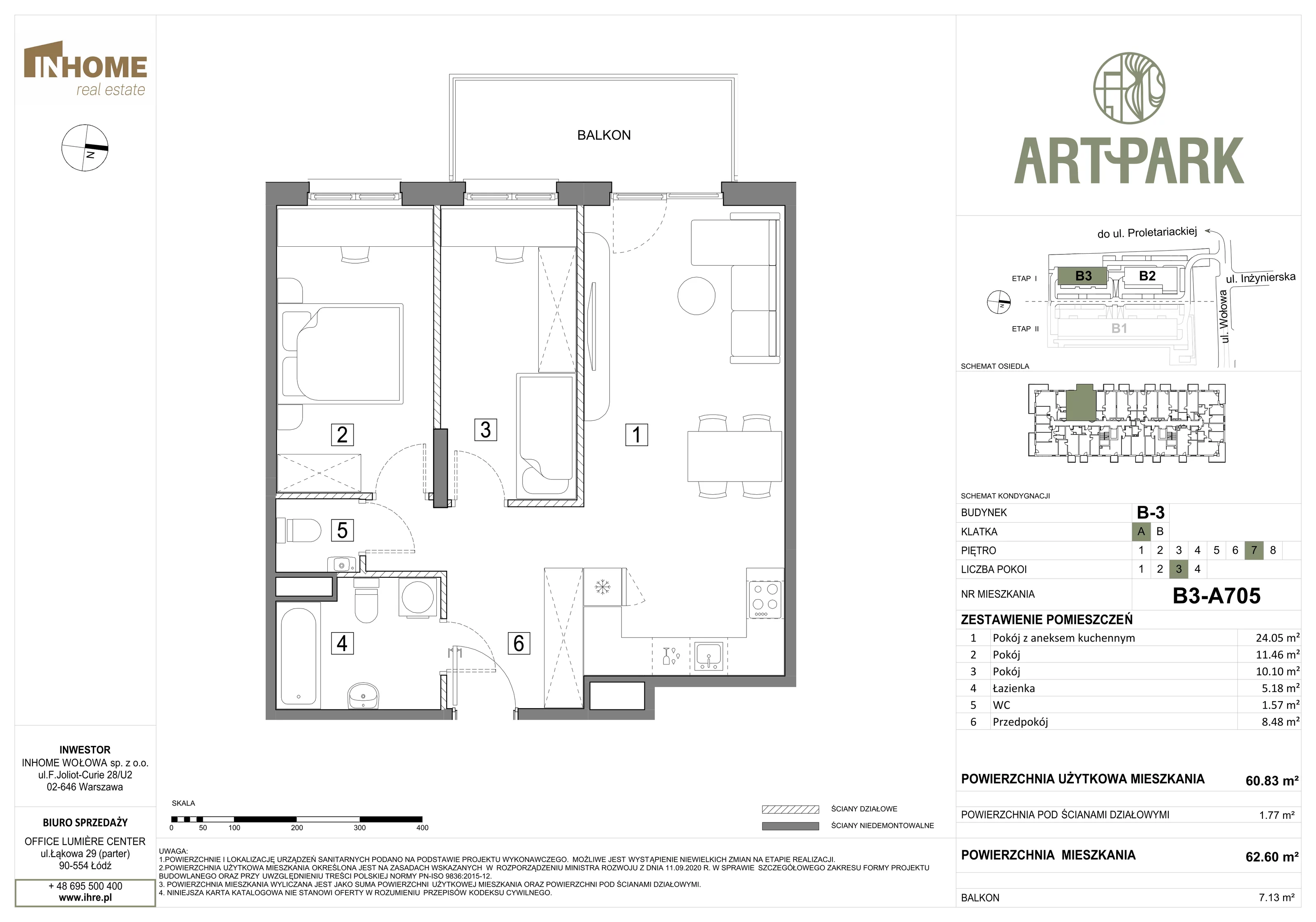 3 pokoje, mieszkanie 62,65 m², piętro 7, oferta nr B3/A705, ArtPark, Łódź, Polesie, ul. Wołowa