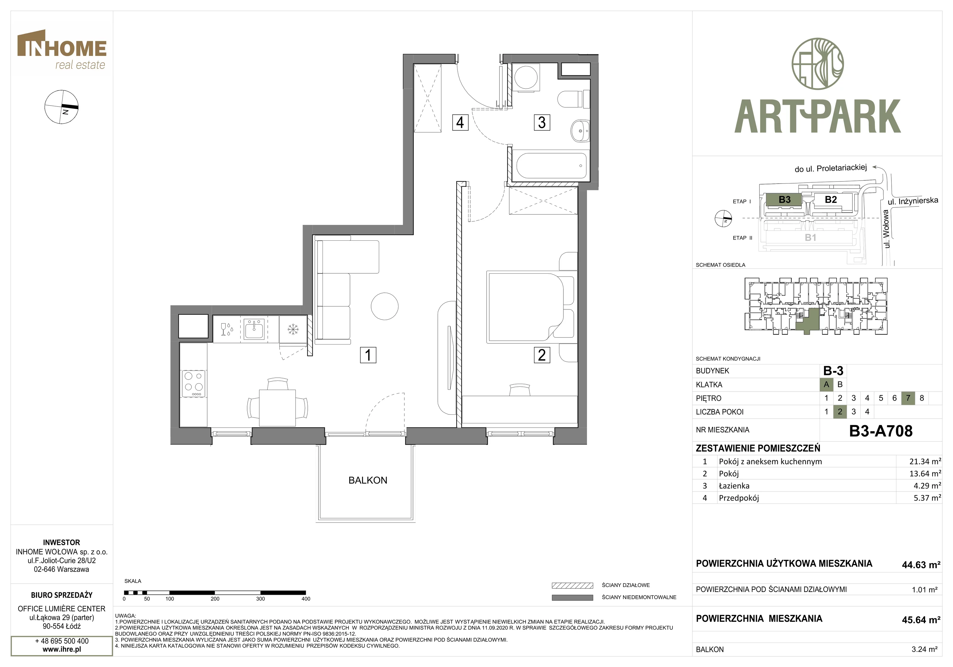 2 pokoje, mieszkanie 45,67 m², piętro 7, oferta nr B3/A708, ArtPark, Łódź, Polesie, ul. Wołowa