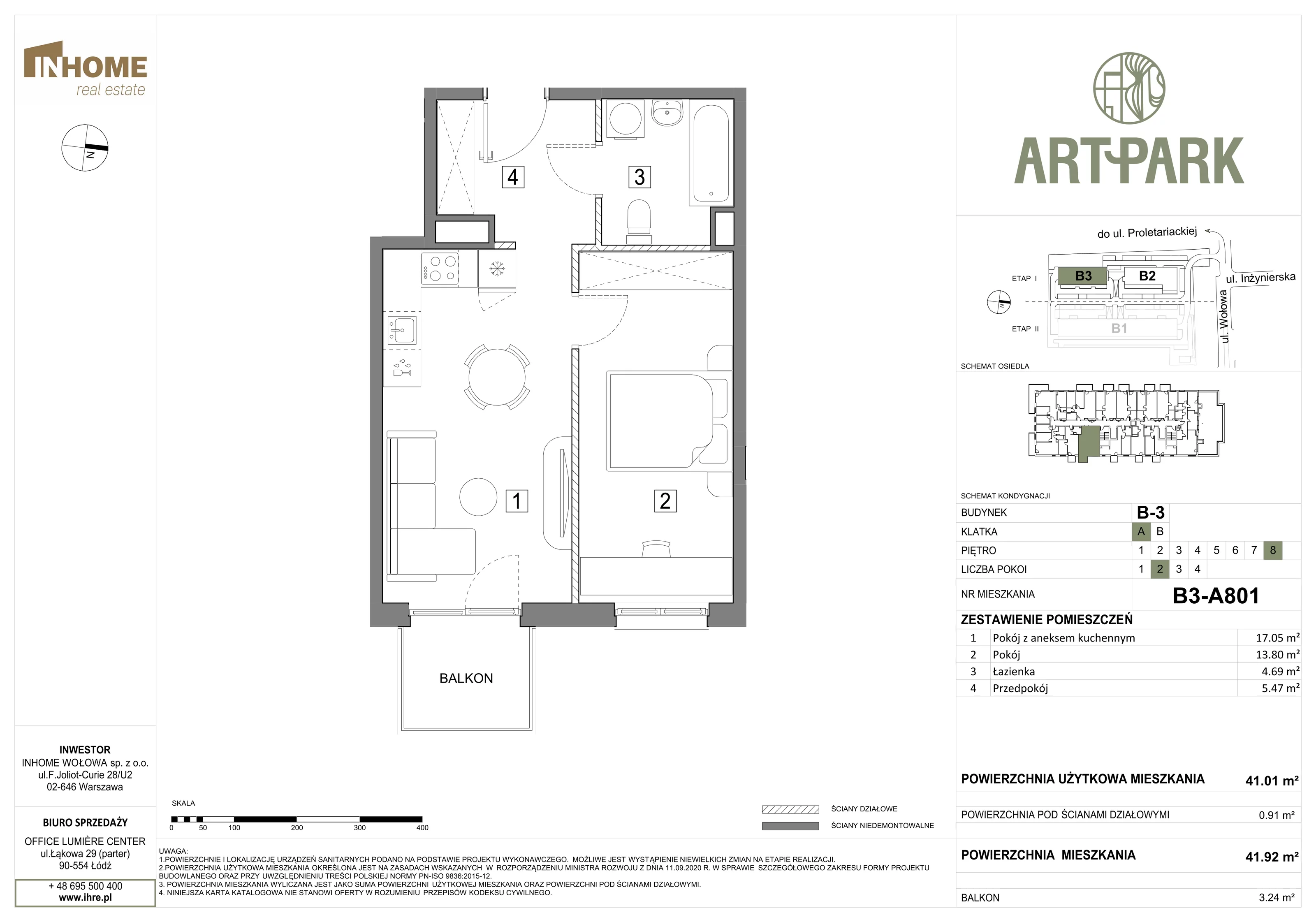 2 pokoje, mieszkanie 41,95 m², piętro 8, oferta nr B3/A801, ArtPark, Łódź, Polesie, ul. Wołowa