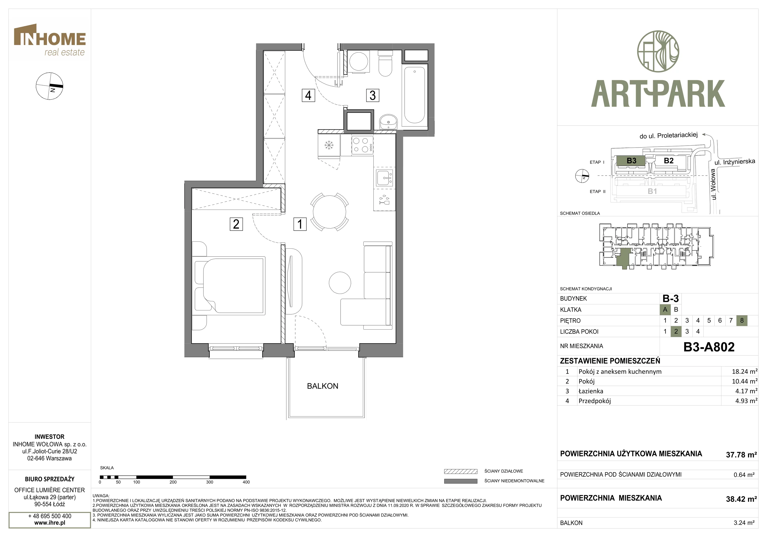 2 pokoje, mieszkanie 38,47 m², piętro 8, oferta nr B3/A802, ArtPark, Łódź, Polesie, ul. Wołowa