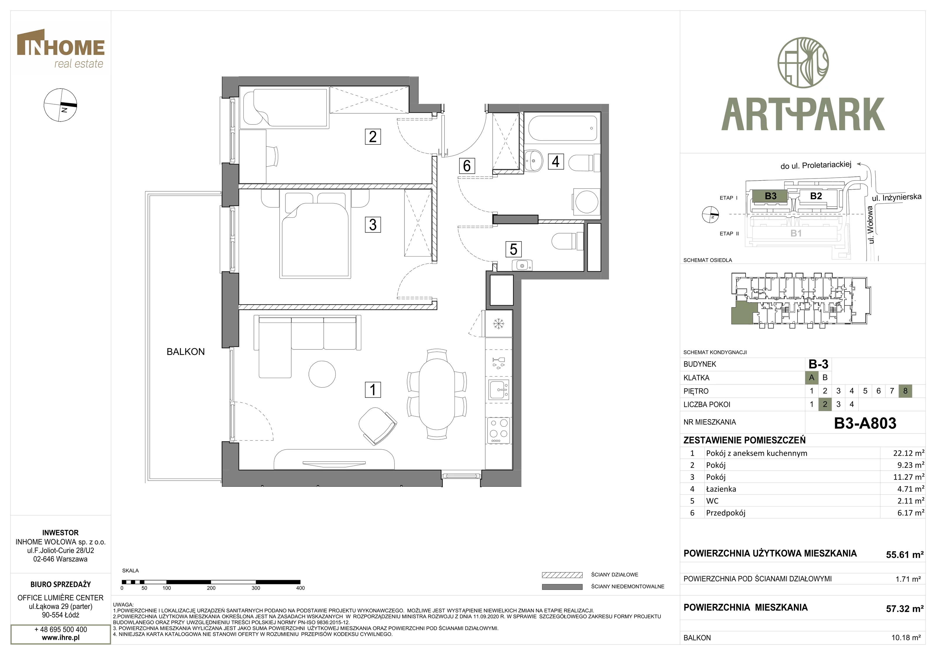 3 pokoje, mieszkanie 57,36 m², piętro 8, oferta nr B3/A803, ArtPark, Łódź, Polesie, ul. Wołowa