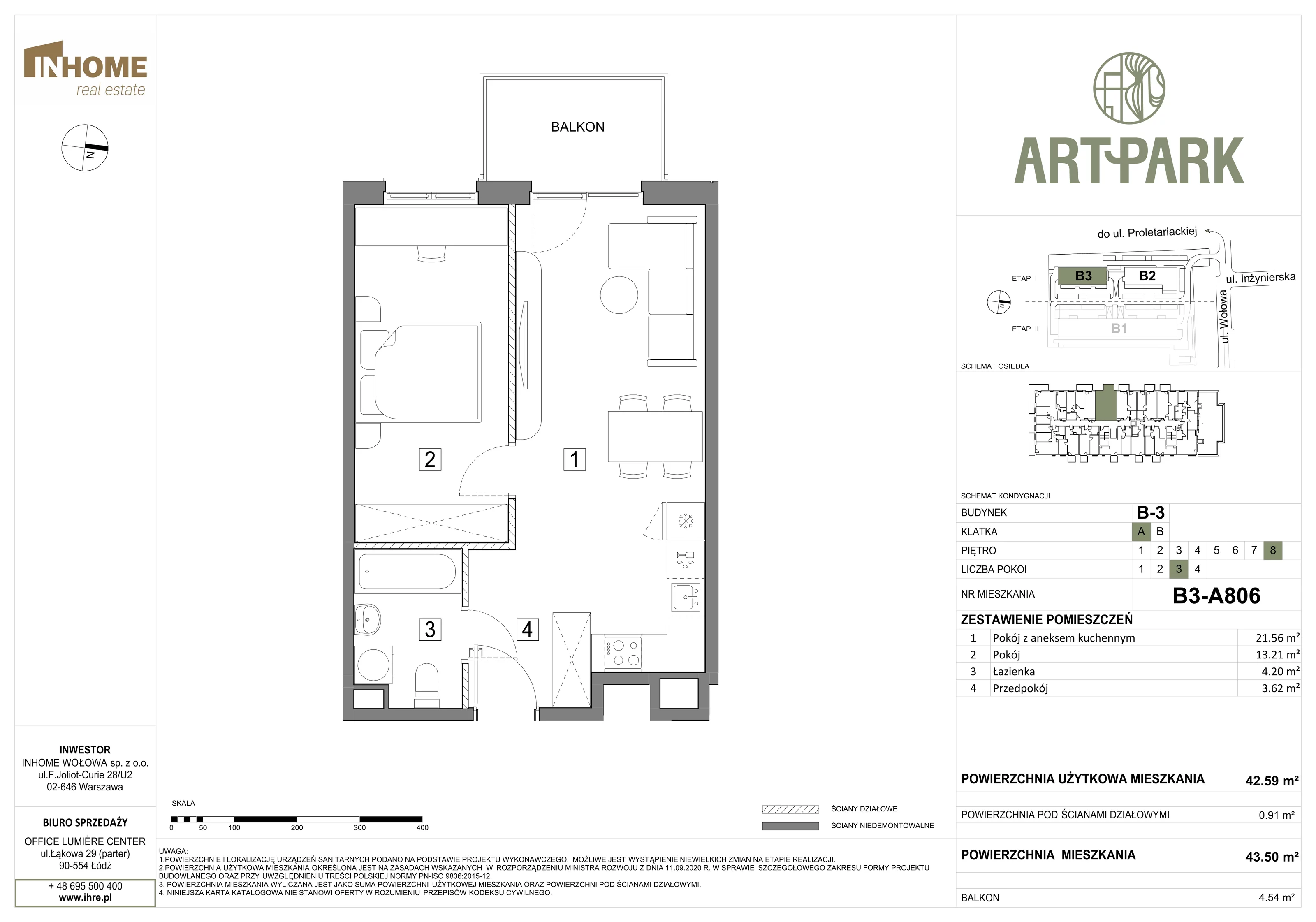 2 pokoje, mieszkanie 43,52 m², piętro 8, oferta nr B3/A806, ArtPark, Łódź, Polesie, ul. Wołowa