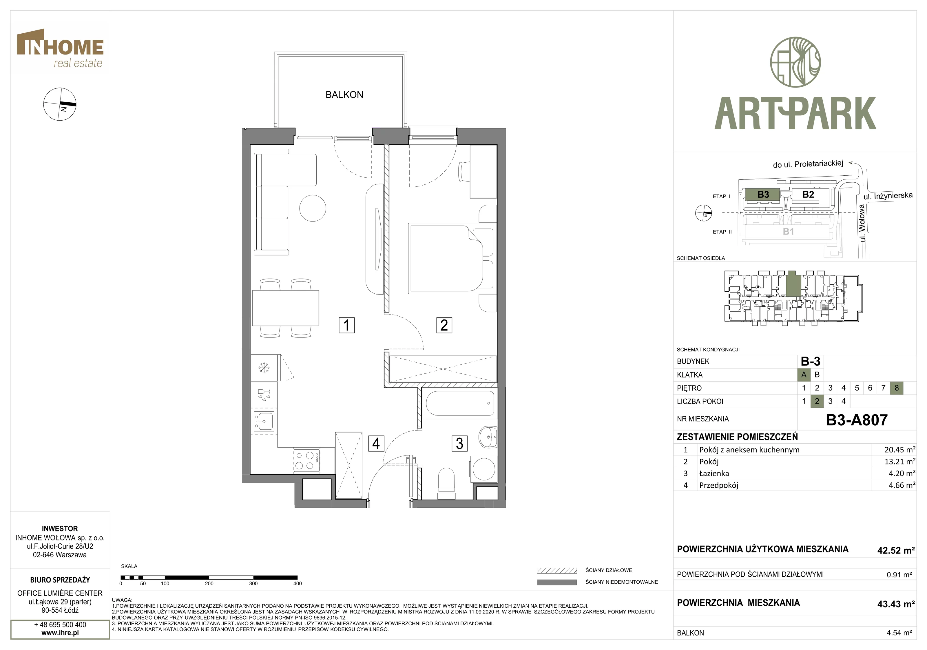 2 pokoje, mieszkanie 43,46 m², piętro 8, oferta nr B3/A807, ArtPark, Łódź, Polesie, ul. Wołowa