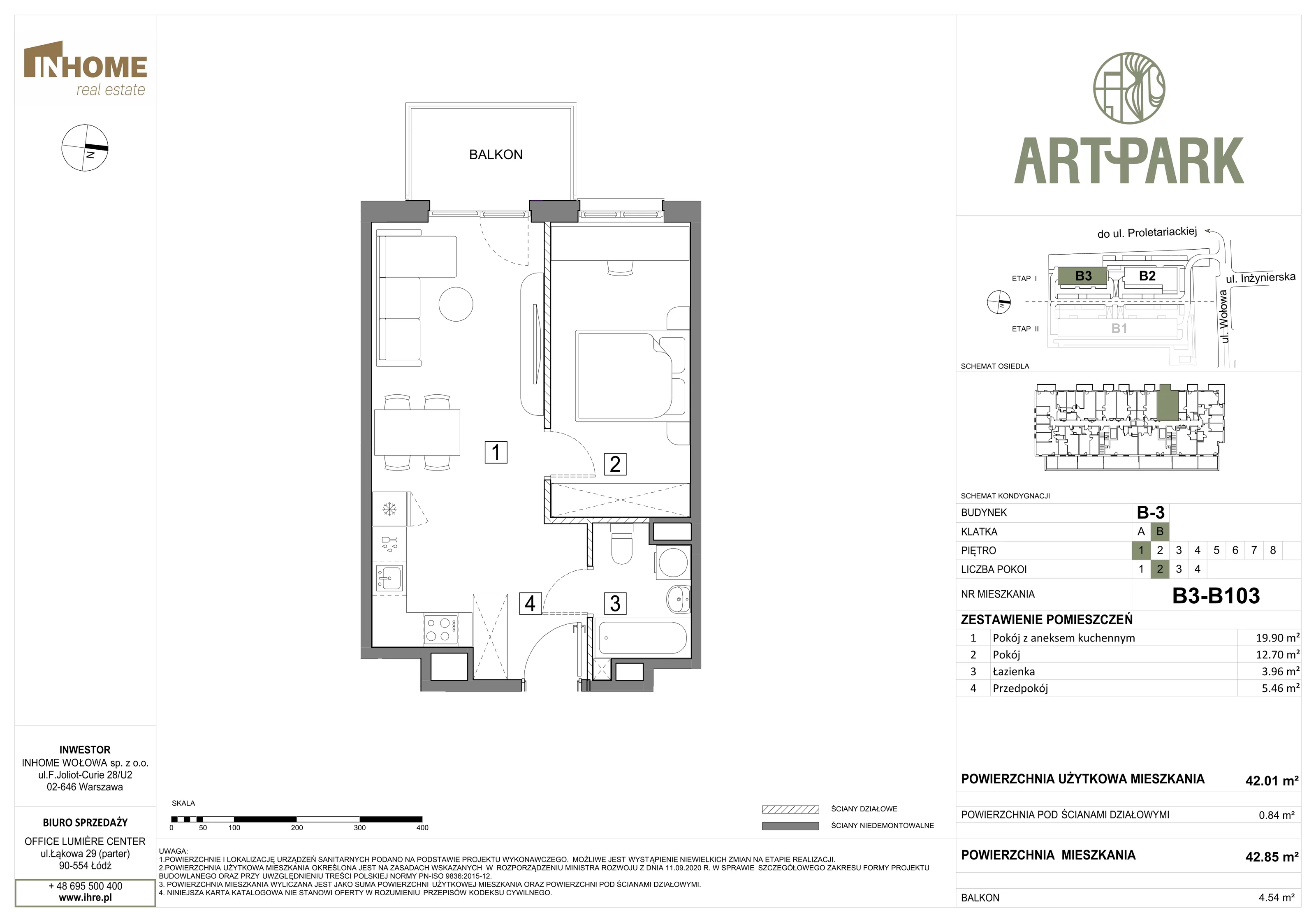 2 pokoje, mieszkanie 42,88 m², piętro 1, oferta nr B3/B103, ArtPark, Łódź, Polesie, ul. Wołowa