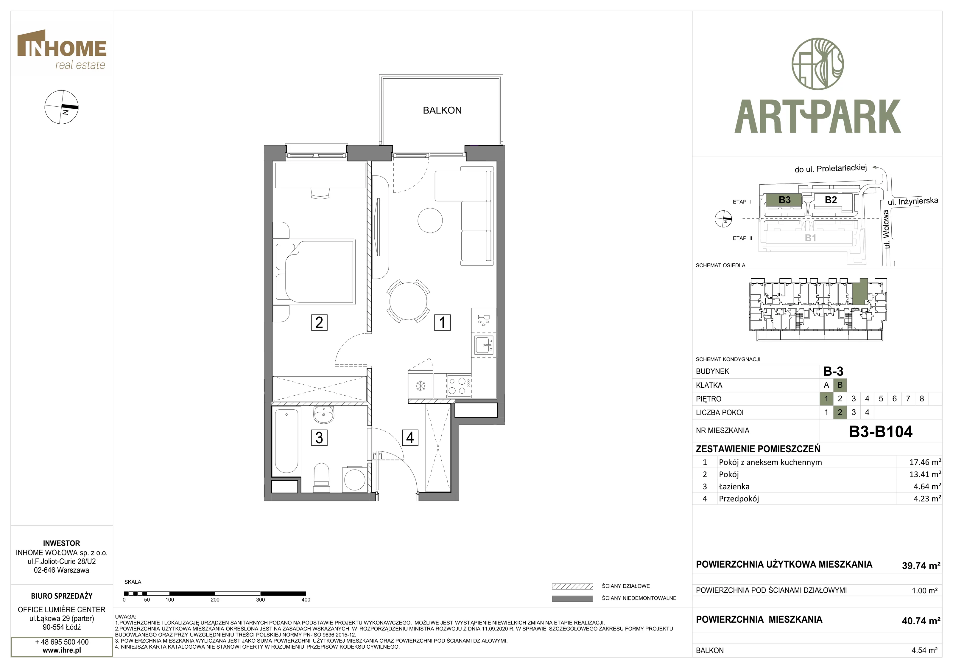 2 pokoje, mieszkanie 40,78 m², piętro 1, oferta nr B3/B104, ArtPark, Łódź, Polesie, ul. Wołowa
