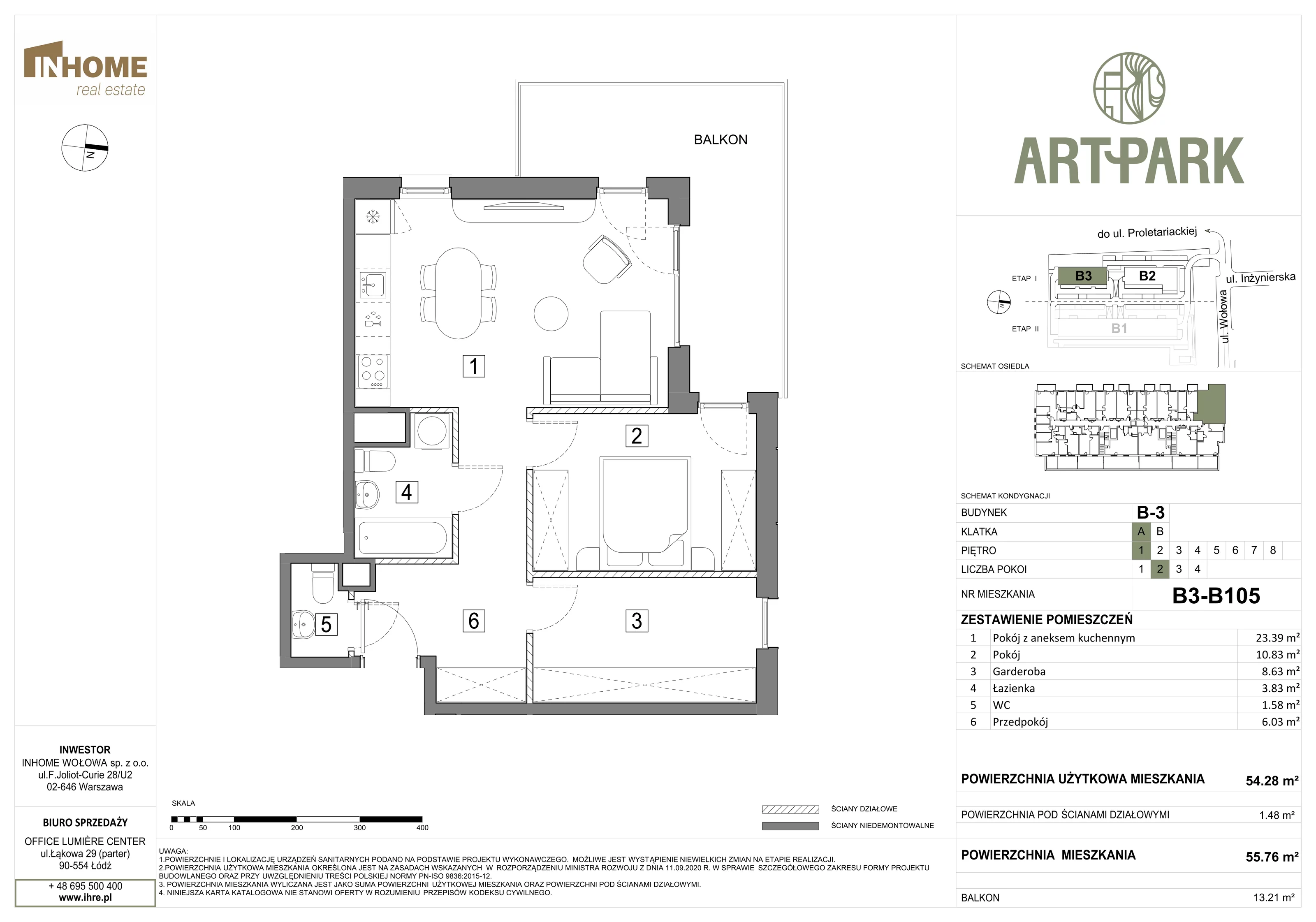 2 pokoje, mieszkanie 56,08 m², piętro 1, oferta nr B3/B105, ArtPark, Łódź, Polesie, ul. Wołowa