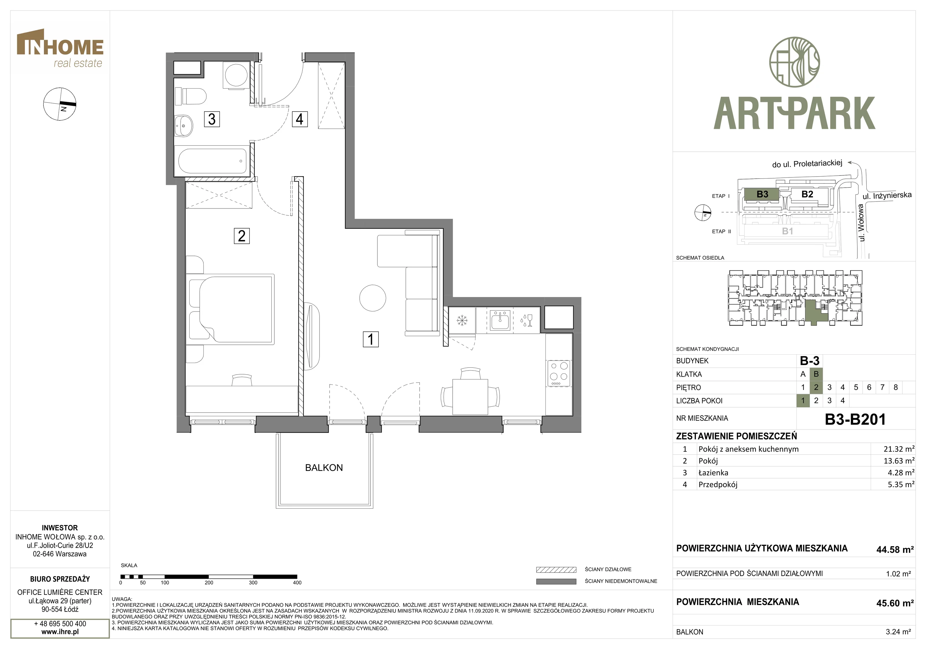 2 pokoje, mieszkanie 45,66 m², piętro 2, oferta nr B3/B201, ArtPark, Łódź, Polesie, ul. Wołowa