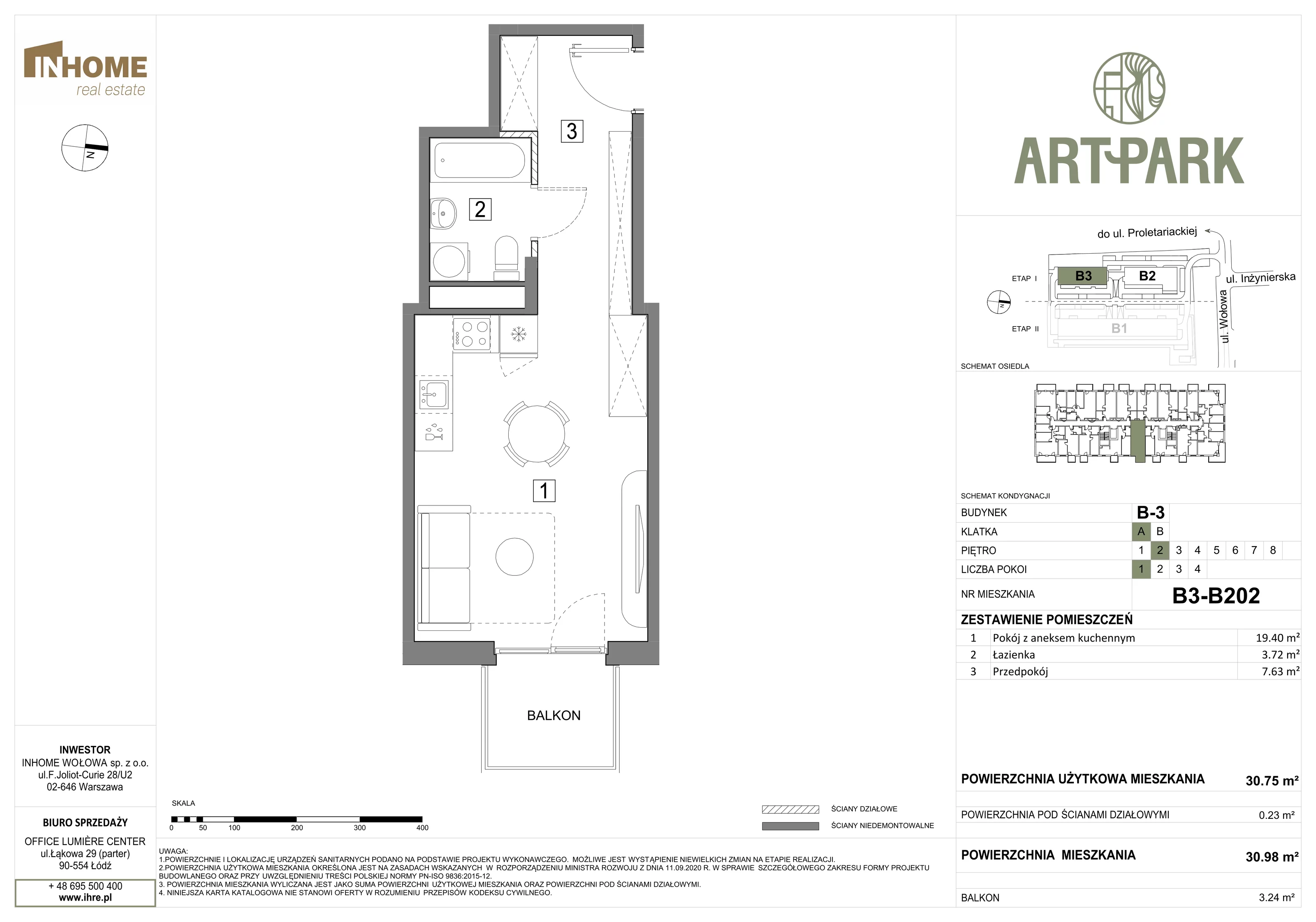 1 pokój, mieszkanie 30,94 m², piętro 2, oferta nr B3/B202, ArtPark, Łódź, Polesie, ul. Wołowa