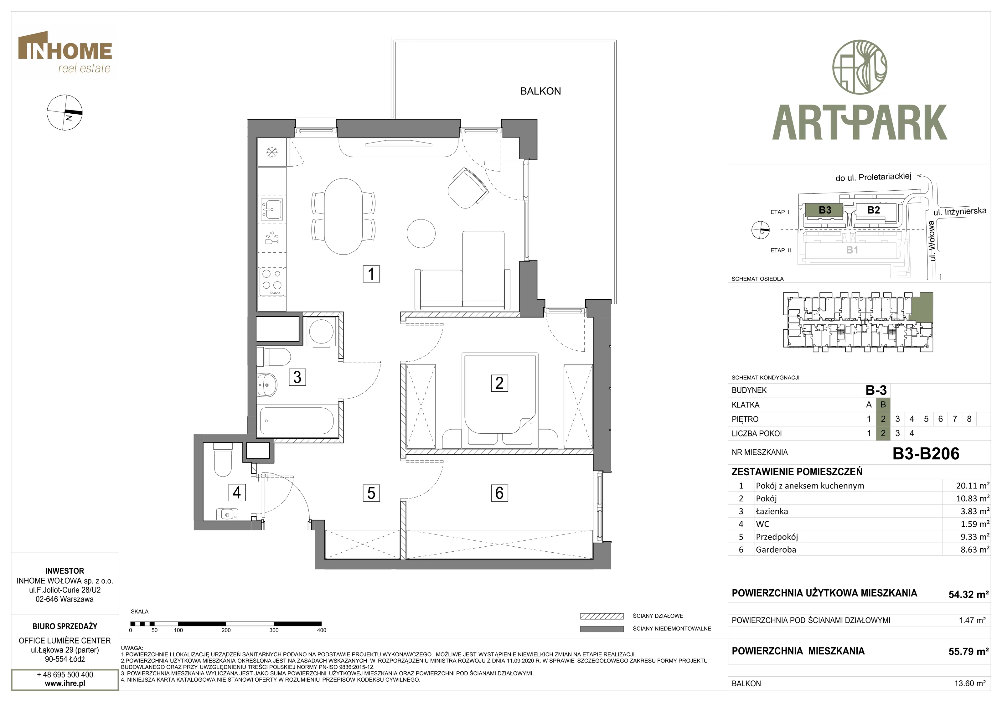 2 pokoje, mieszkanie 56,09 m², piętro 2, oferta nr B3/B206, ArtPark, Łódź, Polesie, ul. Wołowa