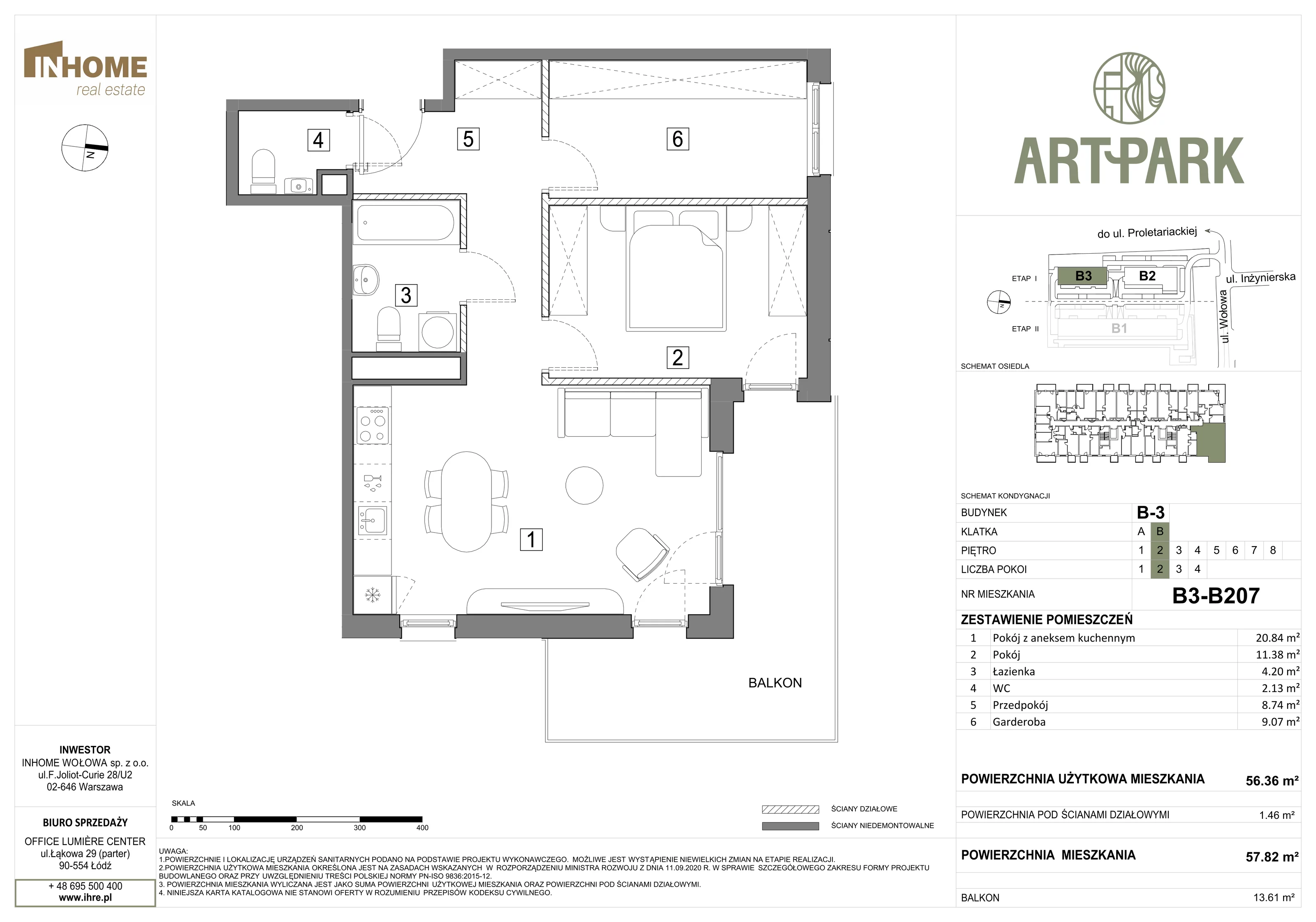 3 pokoje, mieszkanie 57,75 m², piętro 2, oferta nr B3/B207, ArtPark, Łódź, Polesie, ul. Wołowa