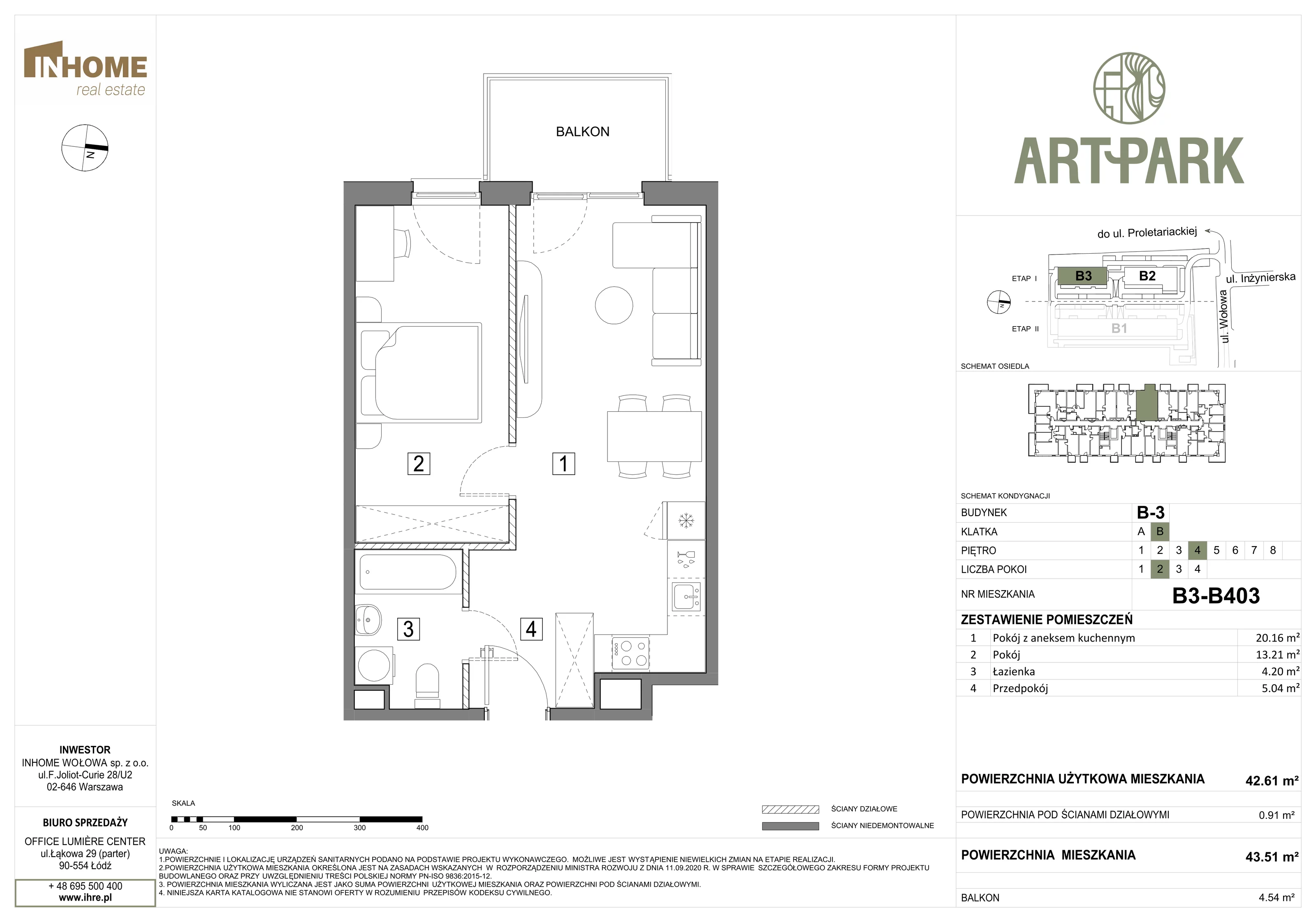 2 pokoje, mieszkanie 43,54 m², piętro 4, oferta nr B3/B403, ArtPark, Łódź, Polesie, ul. Wołowa