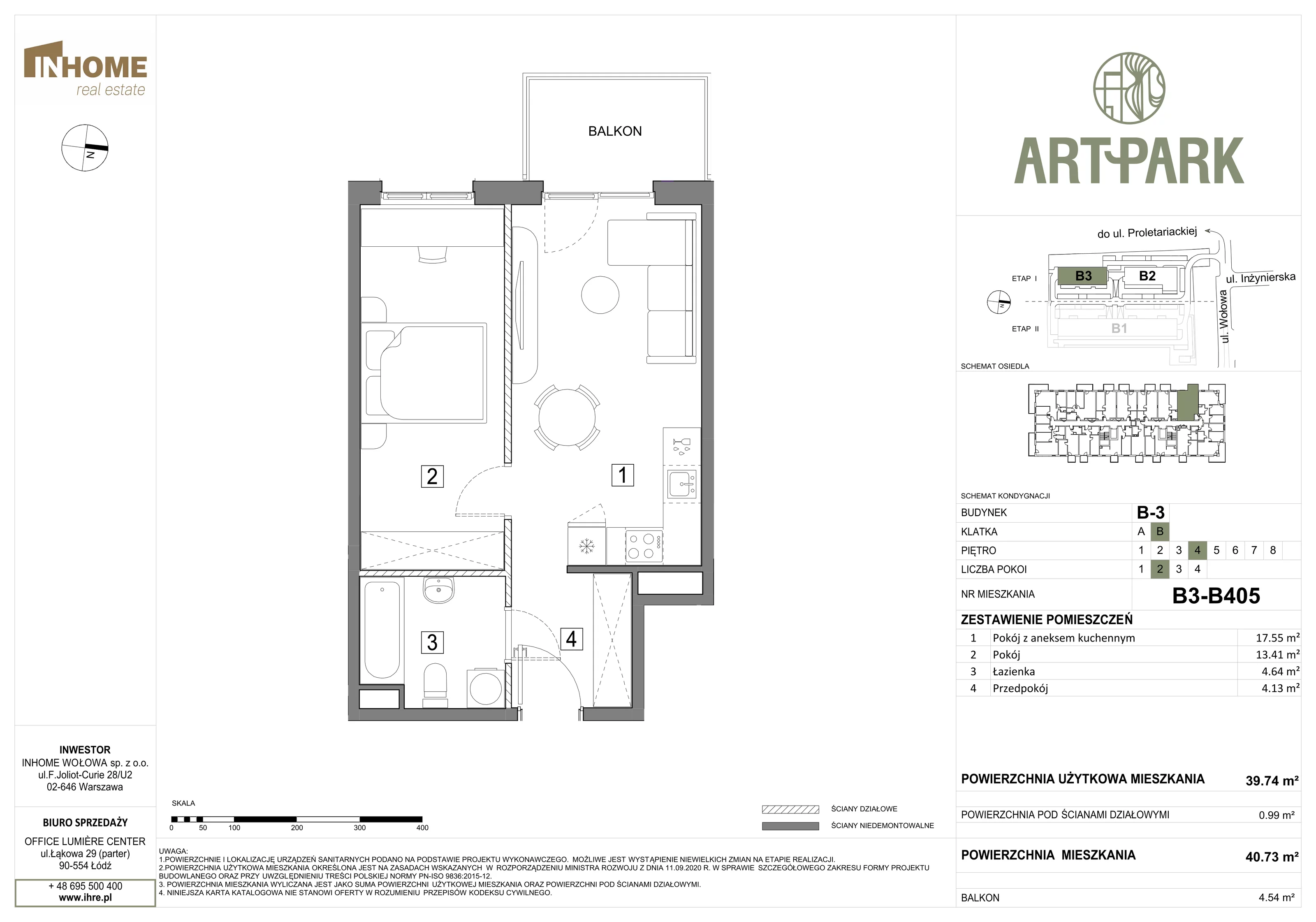 2 pokoje, mieszkanie 40,79 m², piętro 4, oferta nr B3/B405, ArtPark, Łódź, Polesie, ul. Wołowa