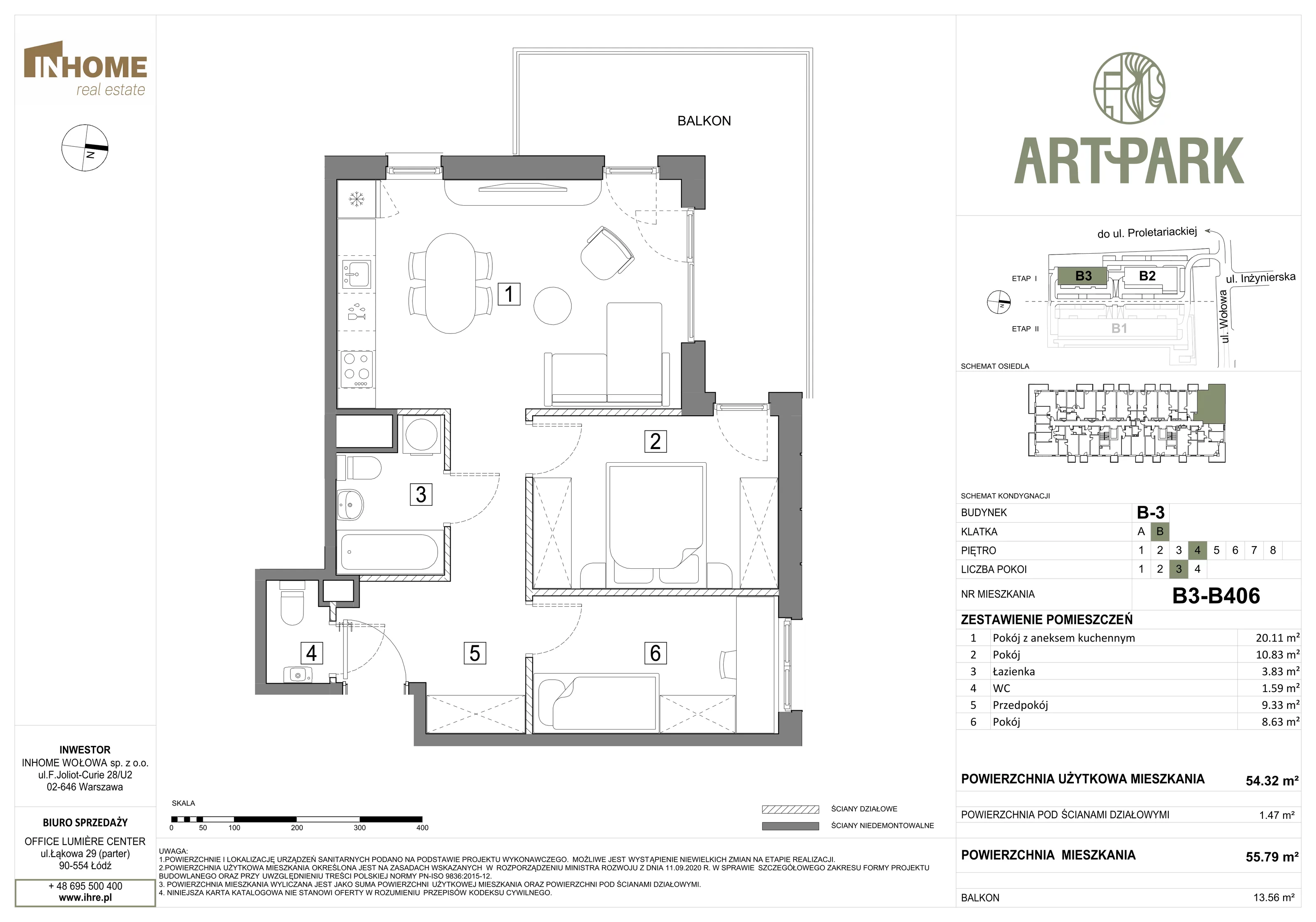 2 pokoje, mieszkanie 56,09 m², piętro 4, oferta nr B3/B406, ArtPark, Łódź, Polesie, ul. Wołowa
