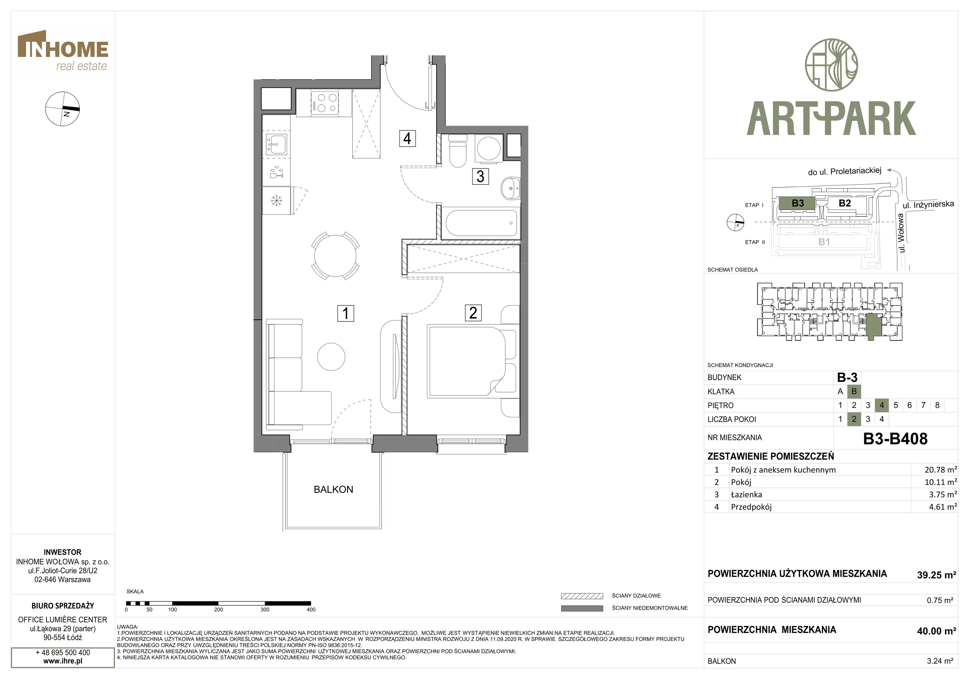 2 pokoje, mieszkanie 39,99 m², piętro 4, oferta nr B3/B408, ArtPark, Łódź, Polesie, ul. Wołowa