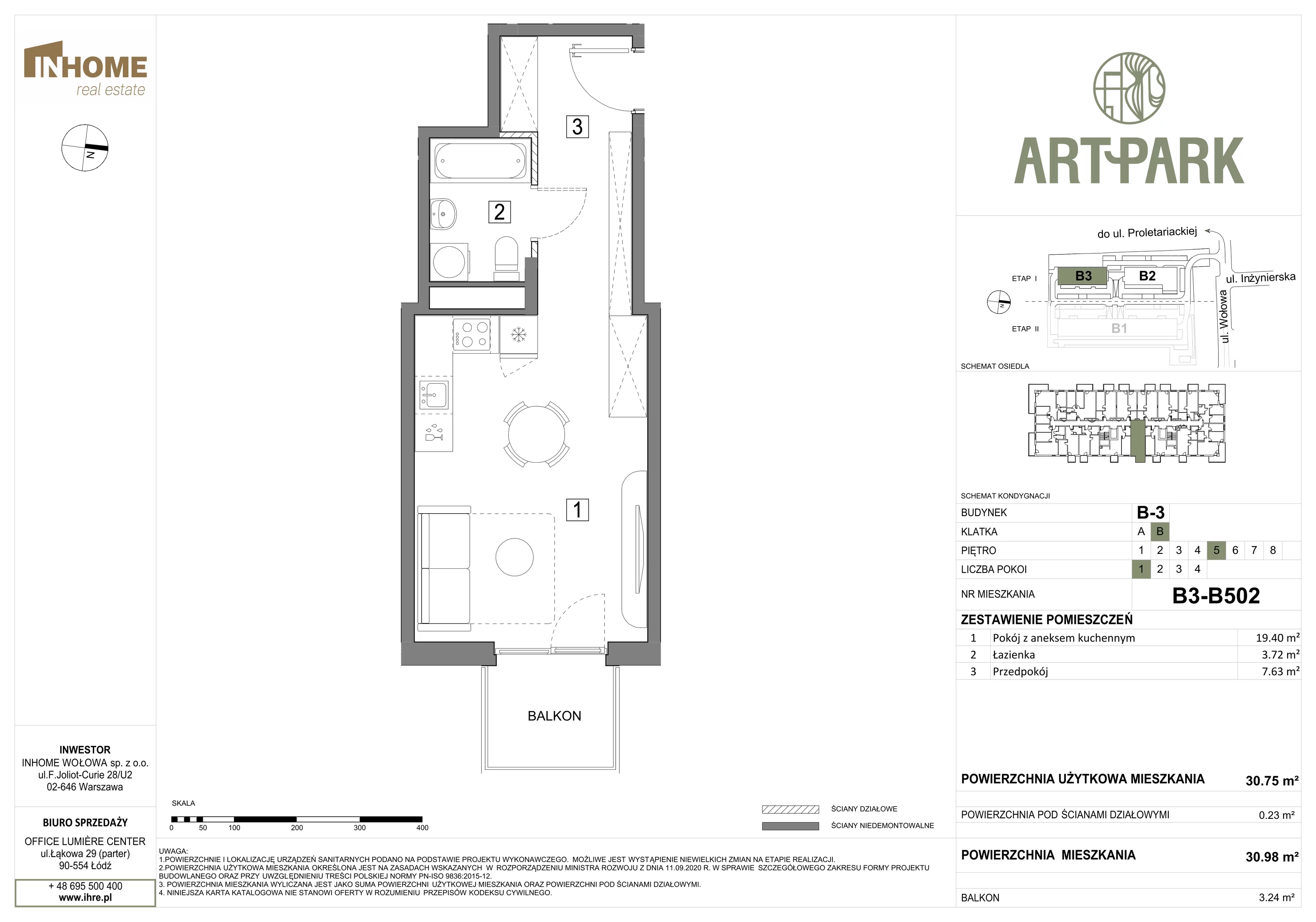 1 pokój, mieszkanie 30,94 m², piętro 5, oferta nr B3/B502, ArtPark, Łódź, Polesie, ul. Wołowa