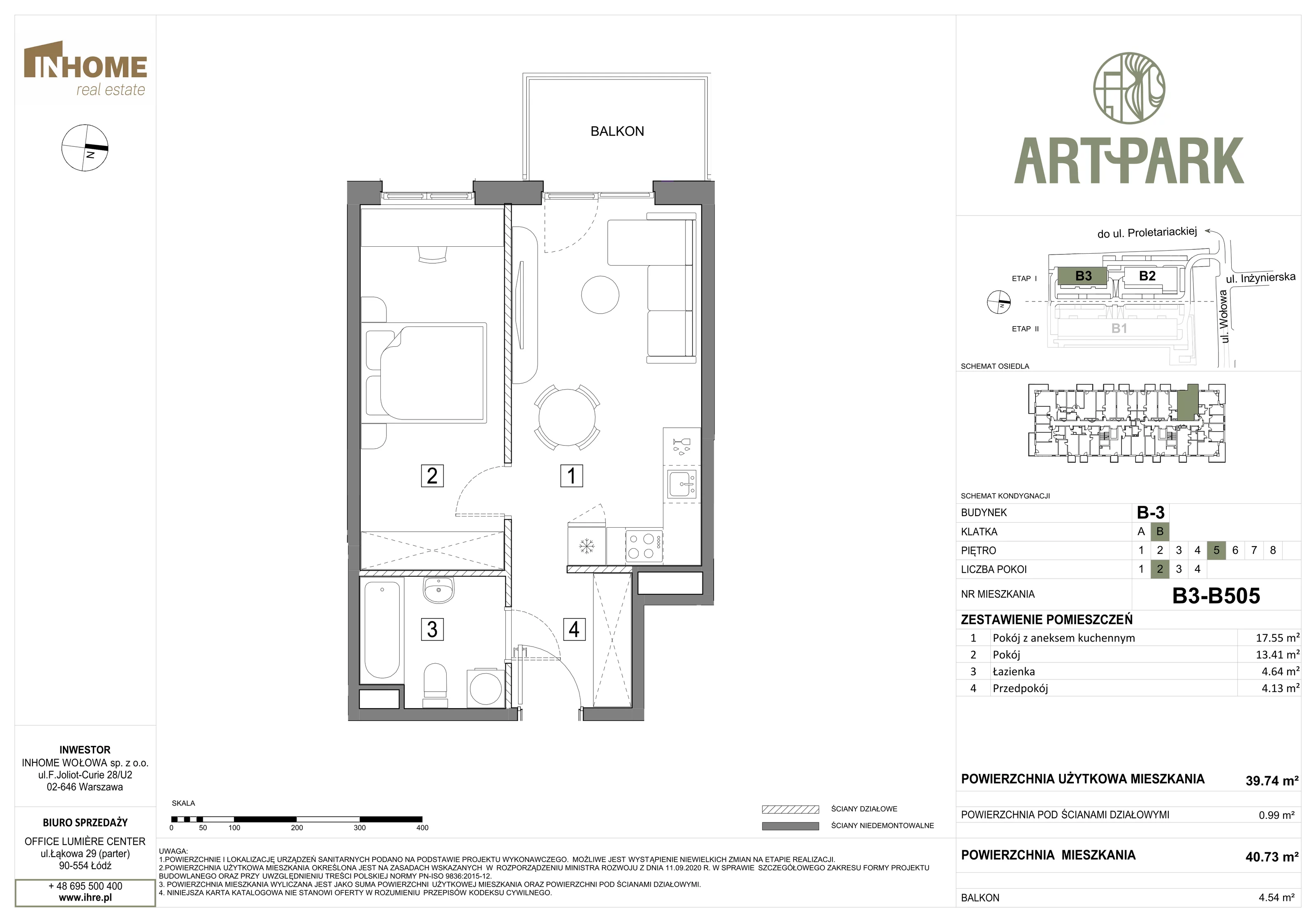 2 pokoje, mieszkanie 40,77 m², piętro 5, oferta nr B3/B505, ArtPark, Łódź, Polesie, ul. Wołowa