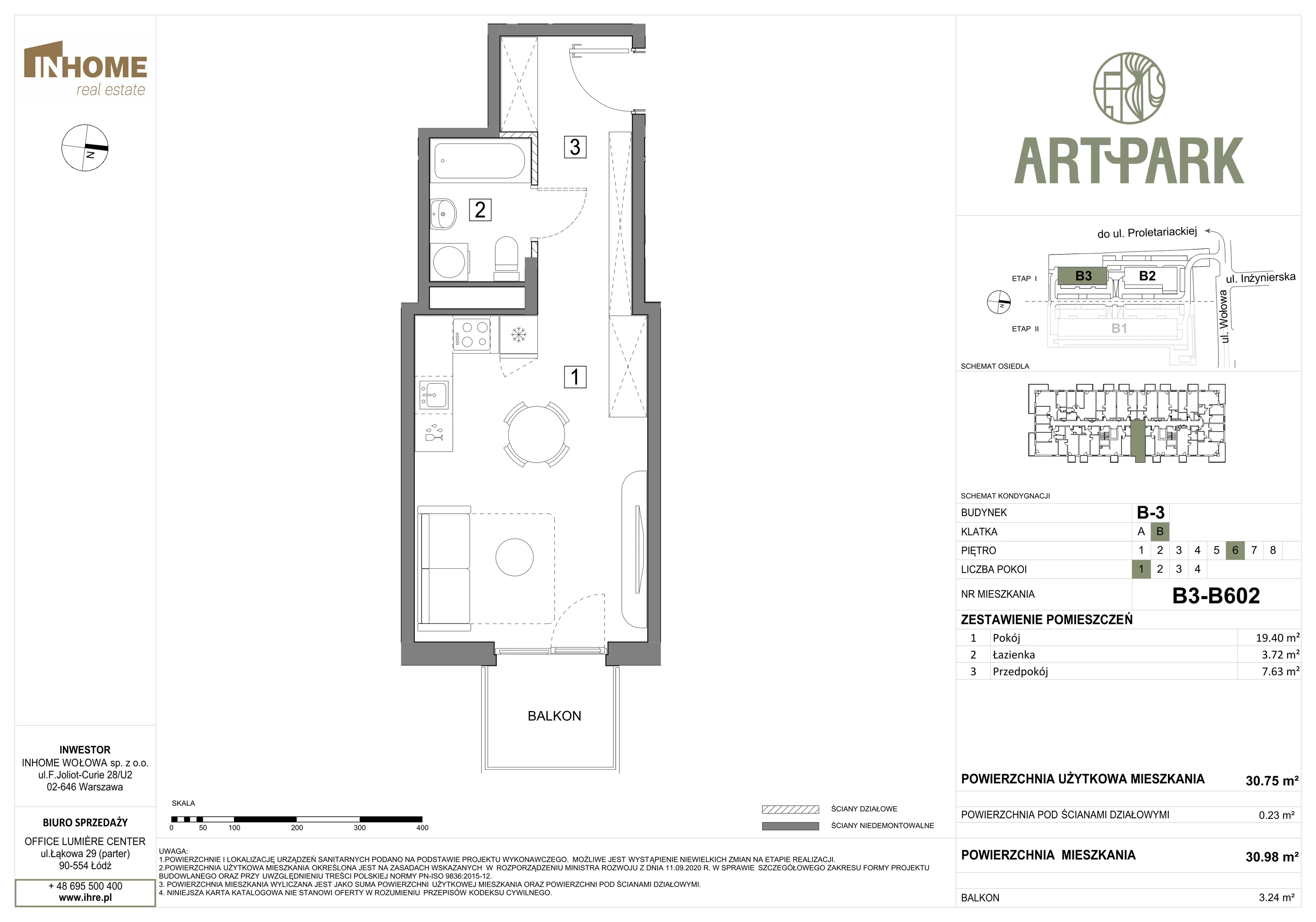 1 pokój, mieszkanie 30,96 m², piętro 6, oferta nr B3/B602, ArtPark, Łódź, Polesie, ul. Wołowa
