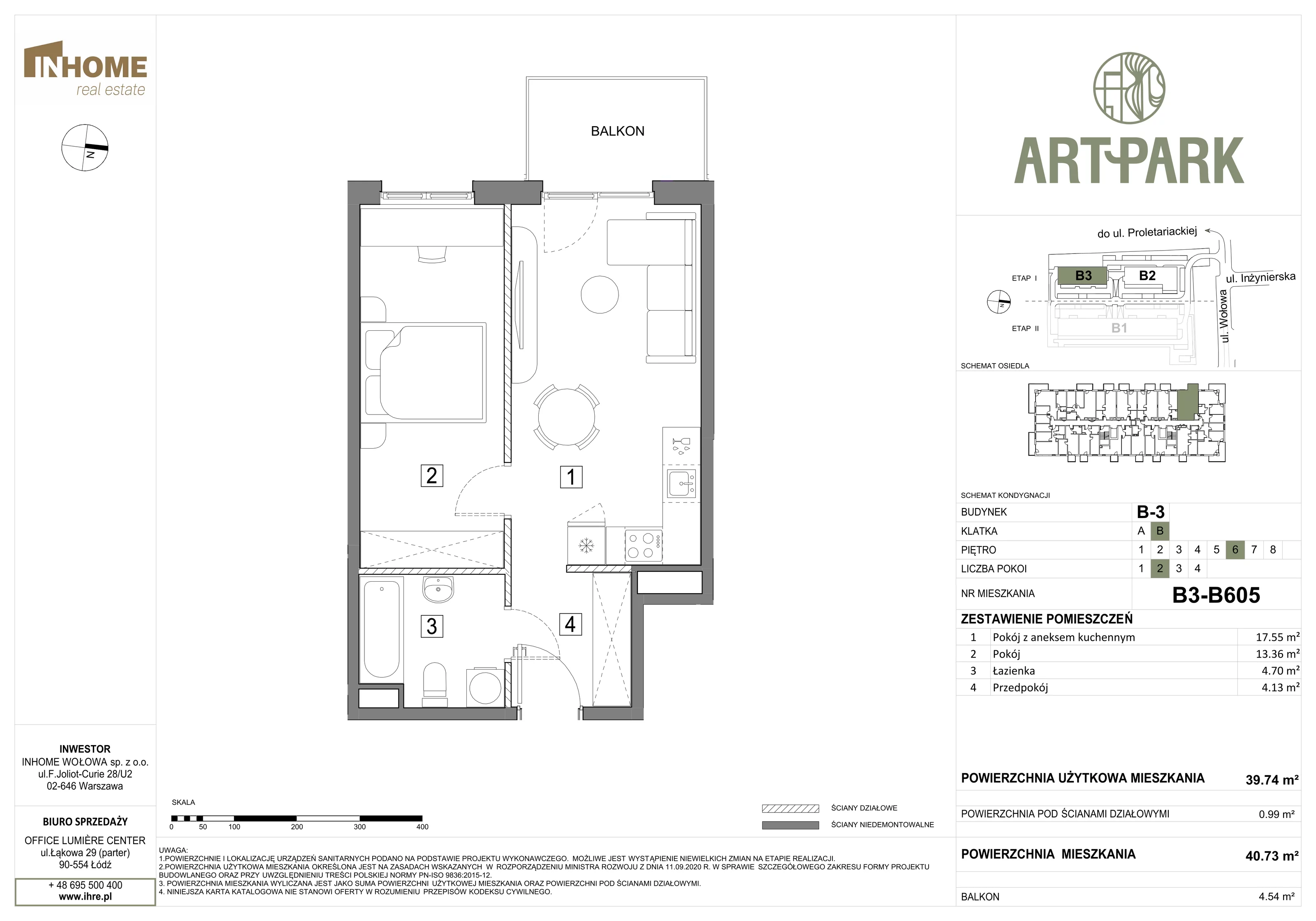 2 pokoje, mieszkanie 40,73 m², piętro 6, oferta nr B3/B605, ArtPark, Łódź, Polesie, ul. Wołowa