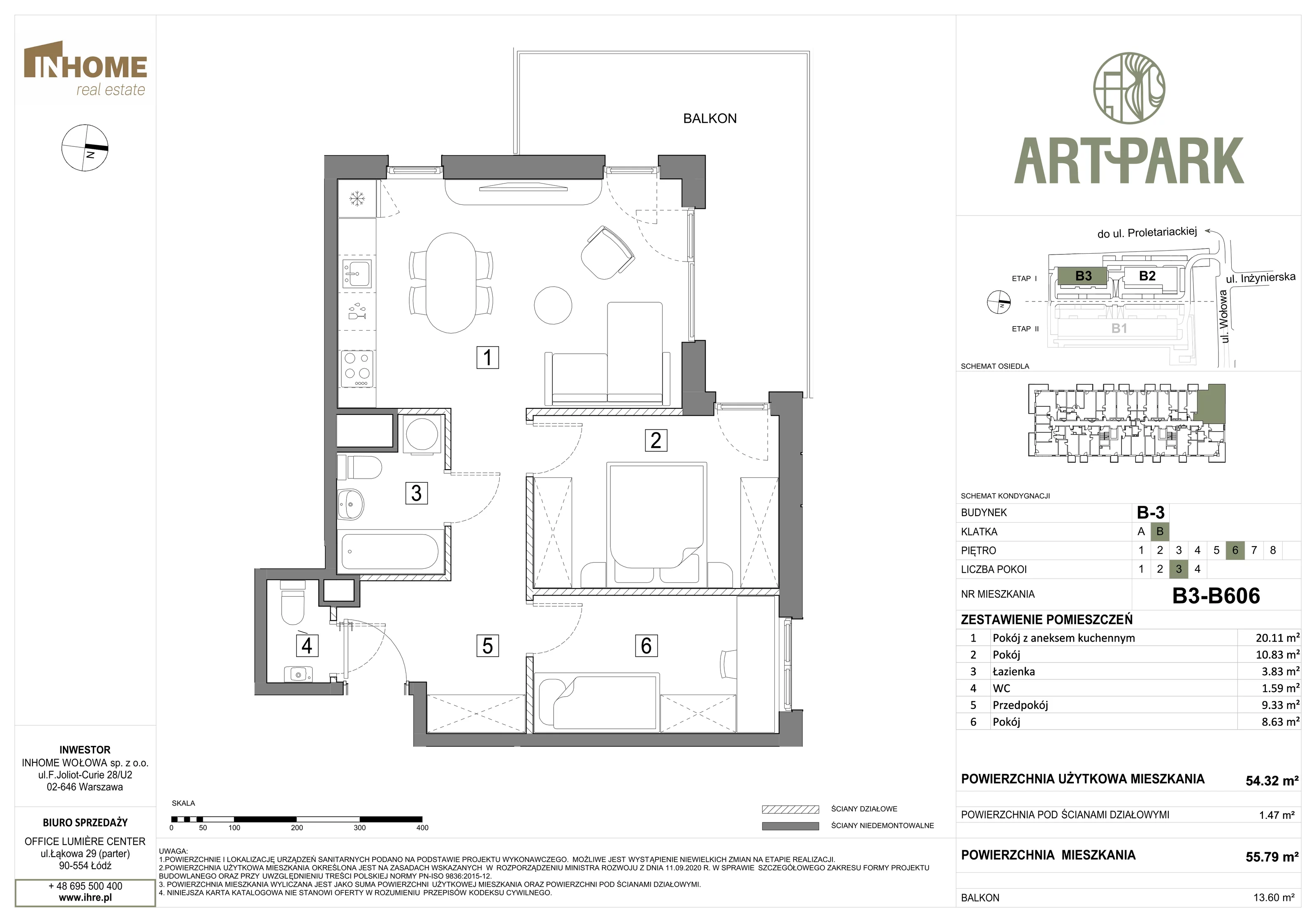 2 pokoje, mieszkanie 56,07 m², piętro 6, oferta nr B3/B606, ArtPark, Łódź, Polesie, ul. Wołowa